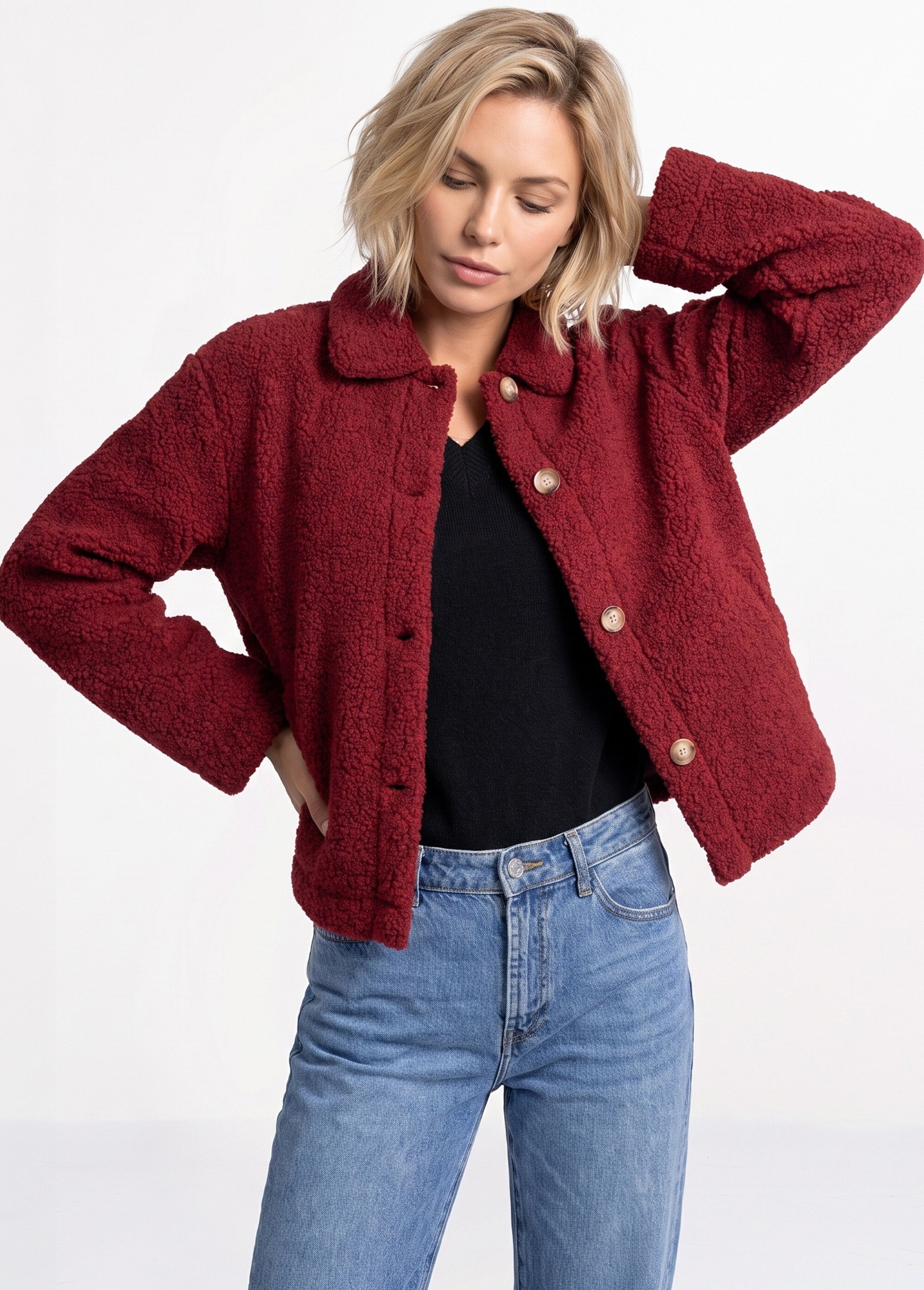 Veste maille bouclette intérieur polaire Femme Rouge IA-R7013 MV1