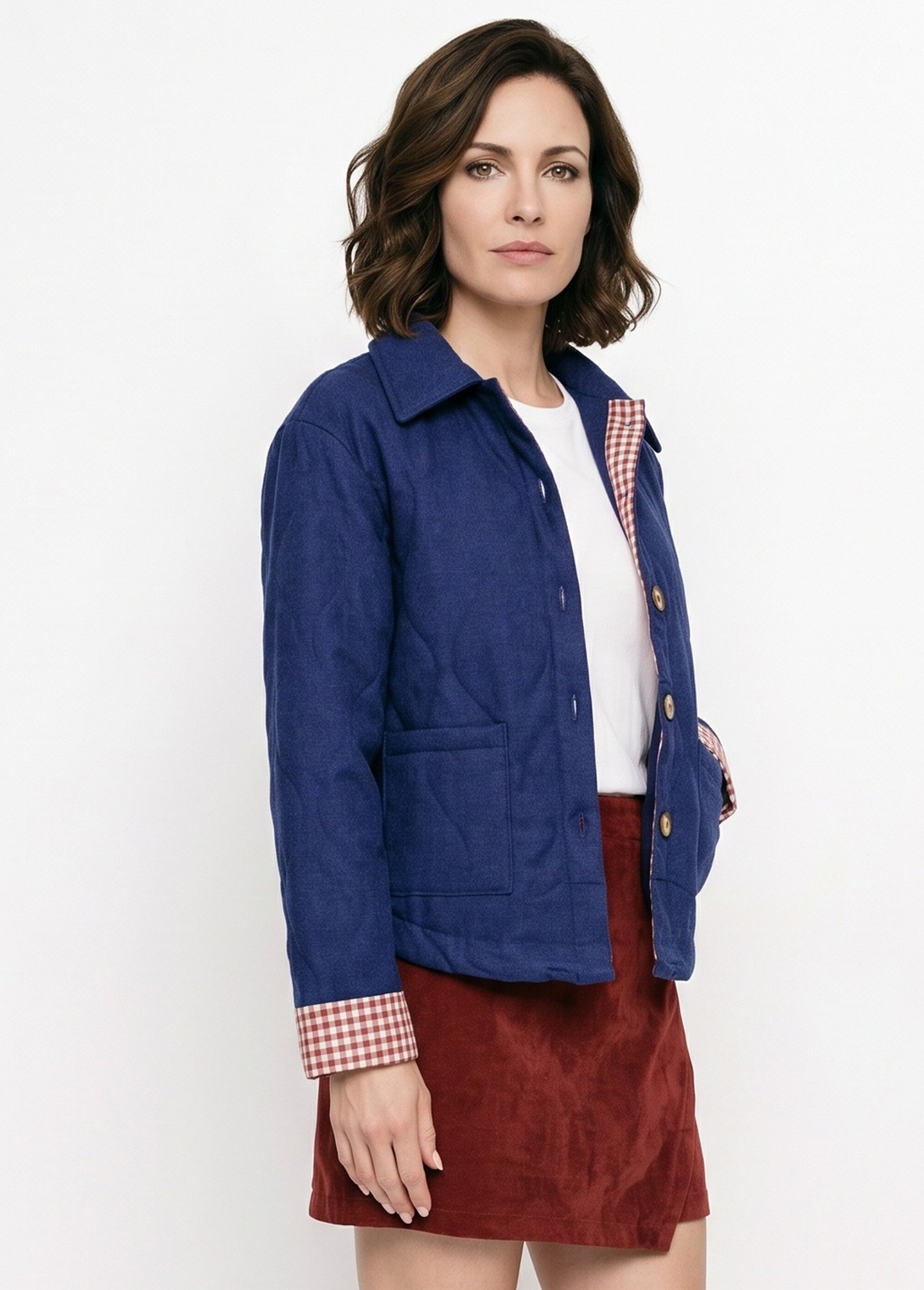 Veste matelassée poignets revers vichy Femme Bleu IA-T159 DR1