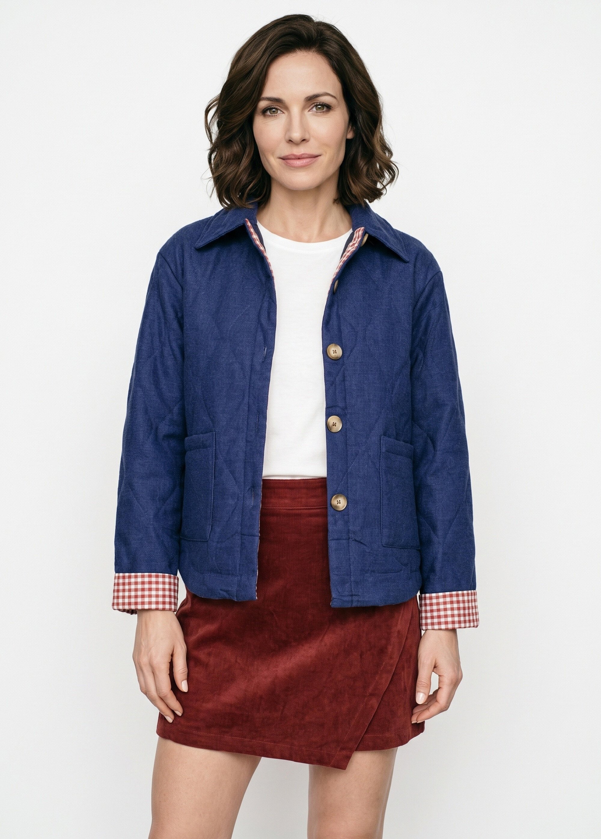 Veste matelassée poignets revers vichy Femme Bleu IA-T159 FA1