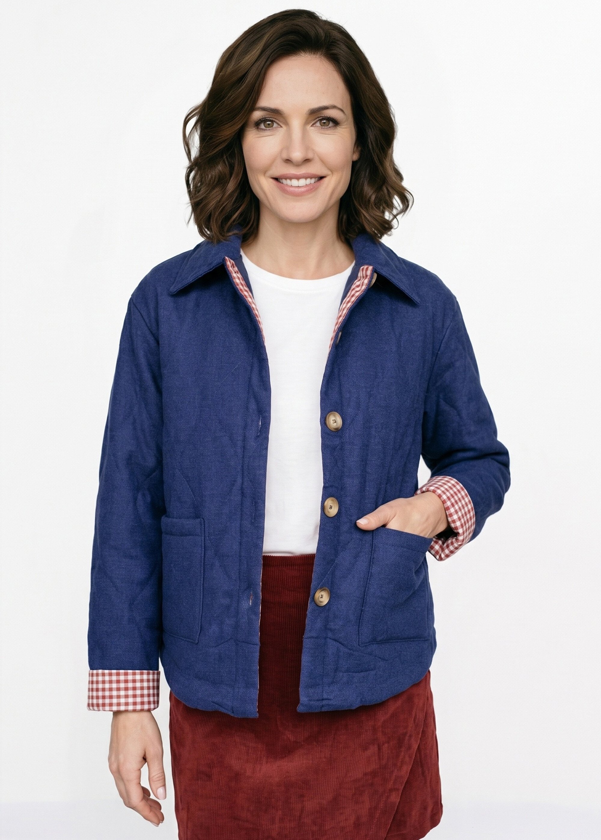 Veste matelassée poignets revers vichy Femme Bleu IA-T159 MV1