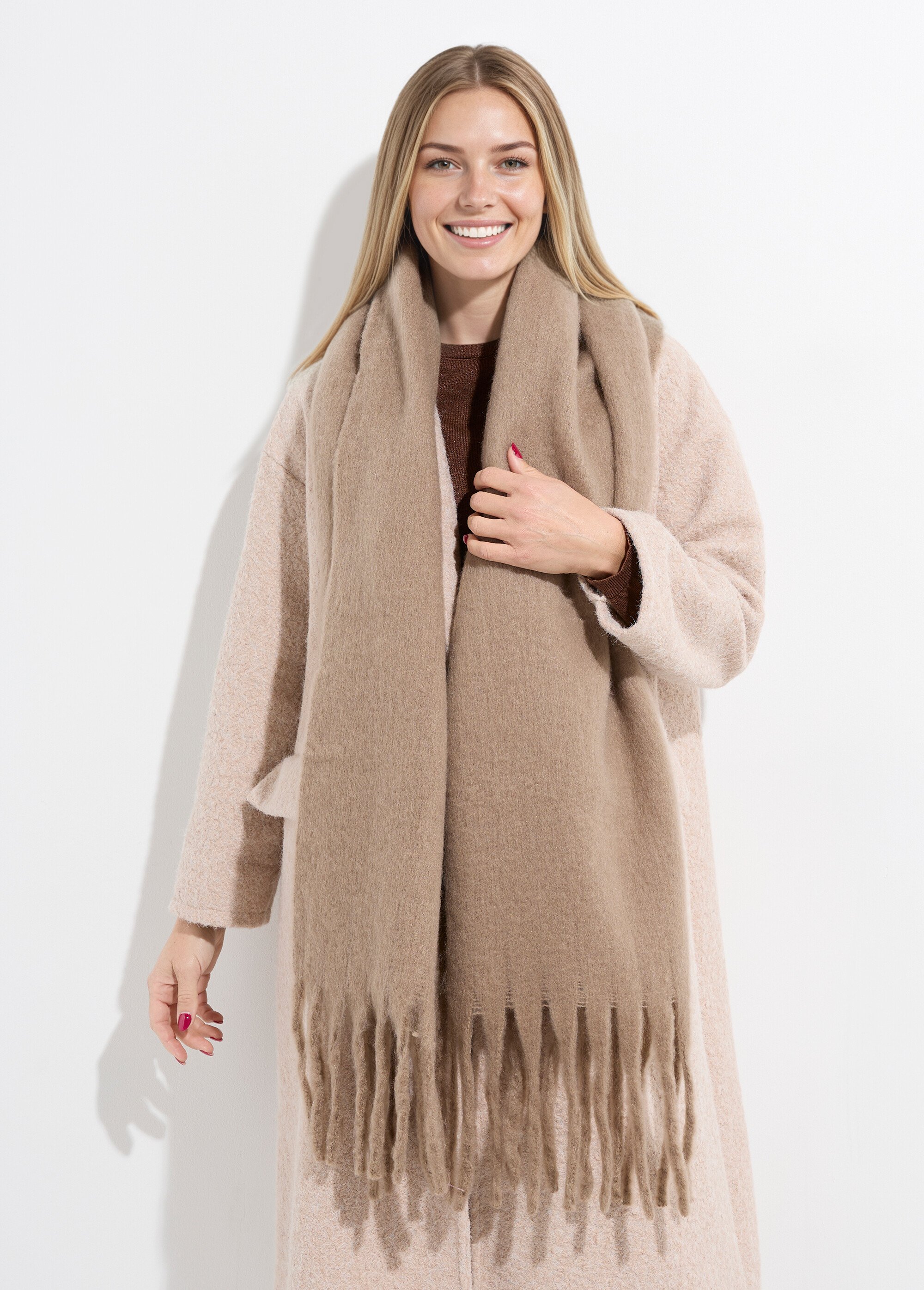 Echarpe XXL unie à grosses franges Femme Marron NES180LSW2412 FA1