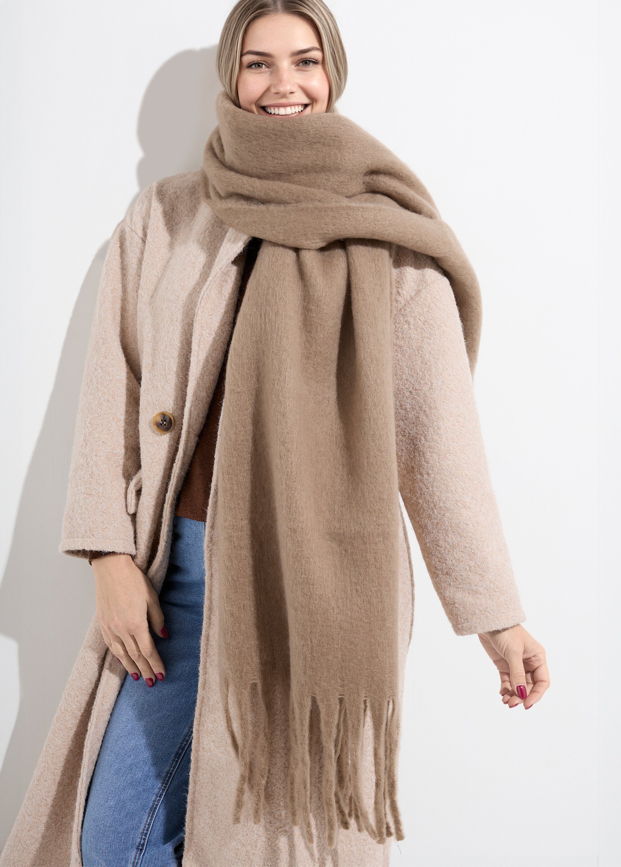 Echarpe XXL unie à grosses franges Femme Marron NES180LSW2412 MV1