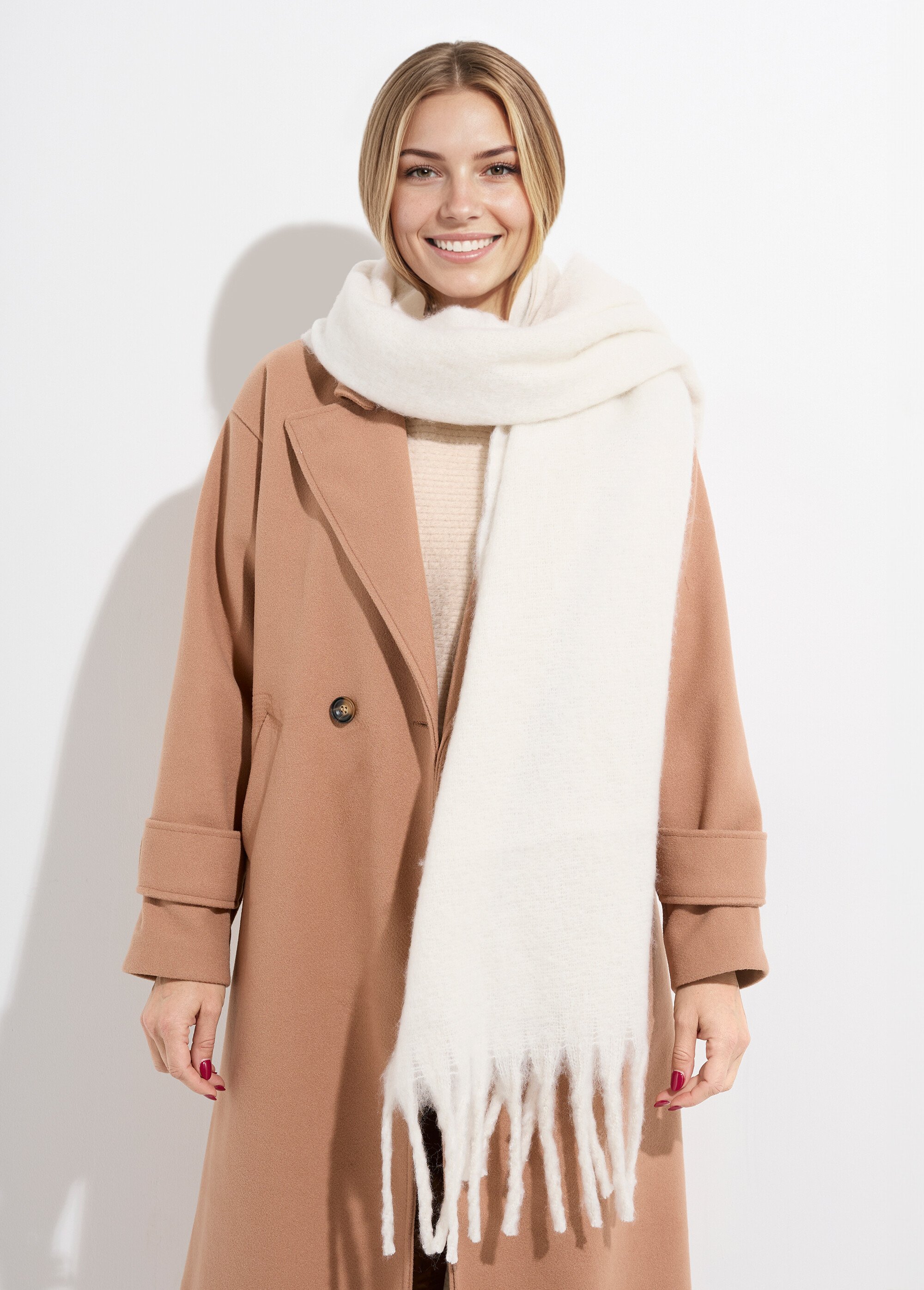 Echarpe XXL unie à grosses franges Femme Blanc NES180LSW2412 FA1