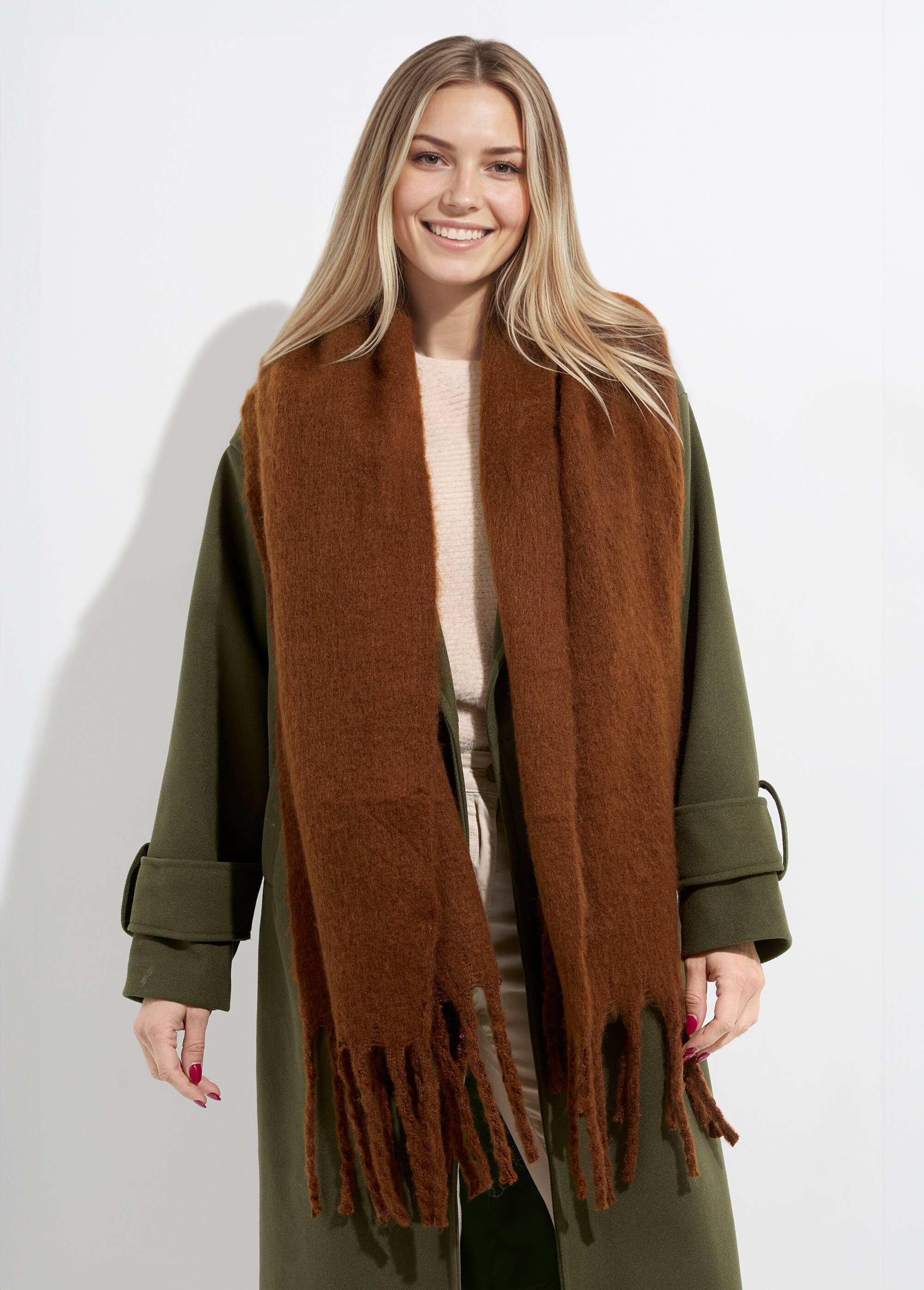 Echarpe XXL unie à grosses franges Femme Marron NES180LSW2412 FA1