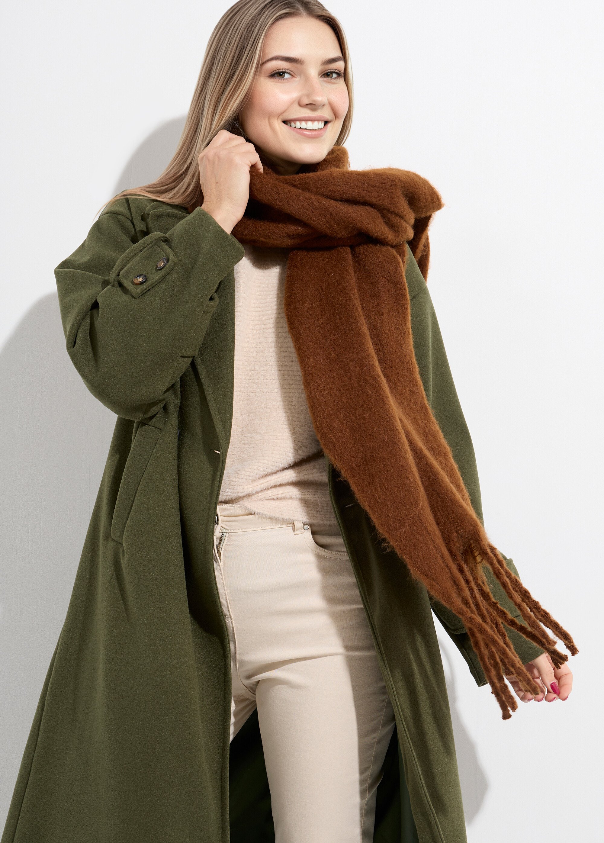 Echarpe XXL unie à grosses franges Femme Marron NES180LSW2412 MV1