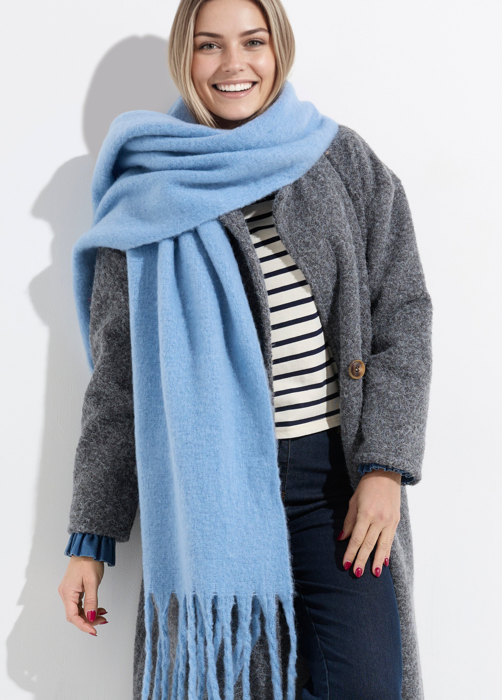 Echarpe XXL unie à grosses franges Femme Bleu NES180LSW2412 MV1