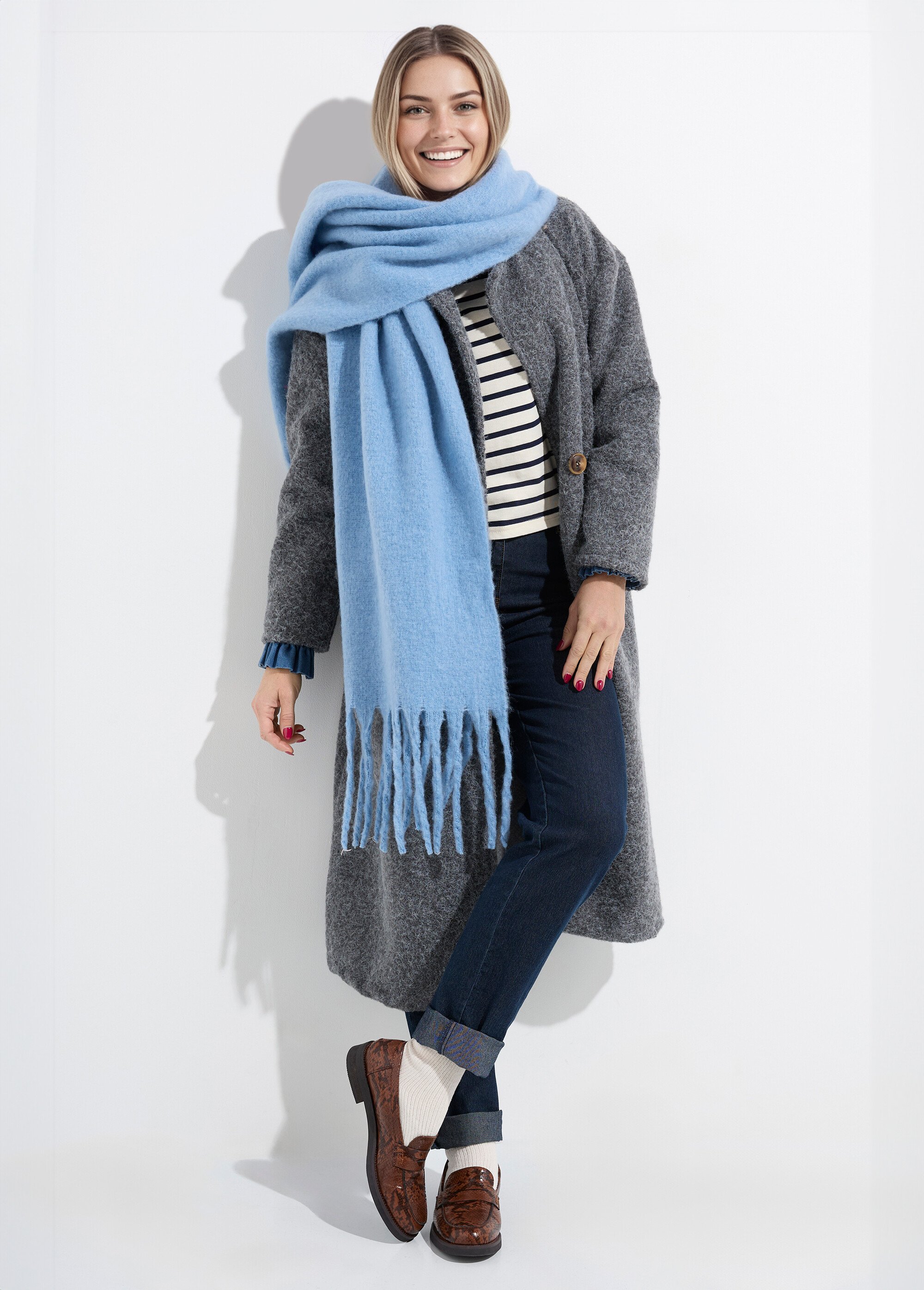 Echarpe XXL unie à grosses franges Femme Bleu NES180LSW2412 SI1