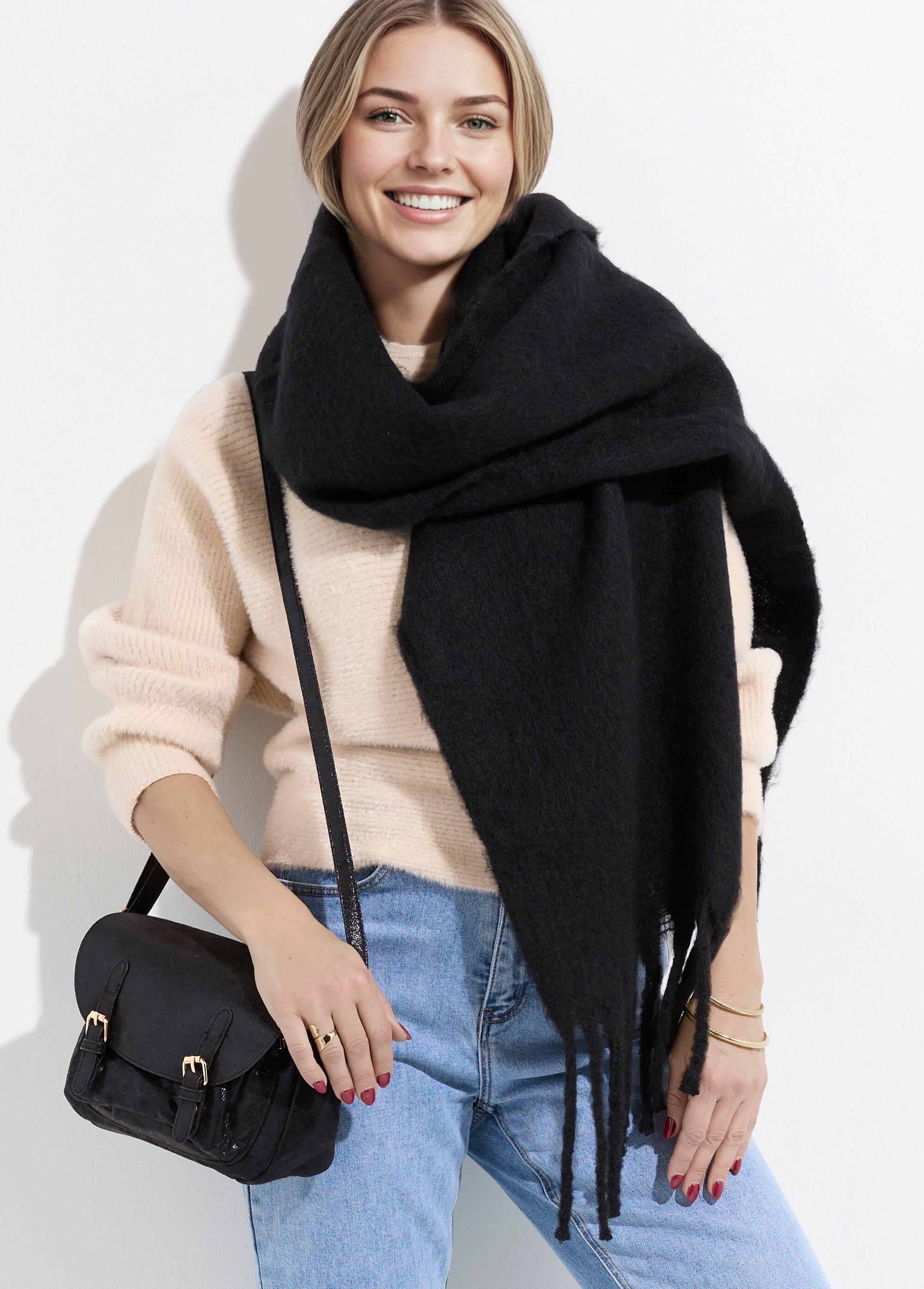 Echarpe XXL unie à grosses franges Femme Noir NES180LSW2412 MV1