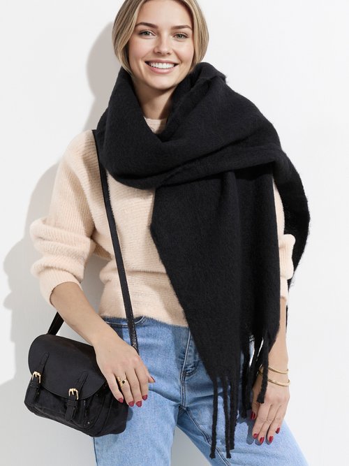Echarpe XXL unie à grosses franges Femme Noir NES180LSW2412 MV1