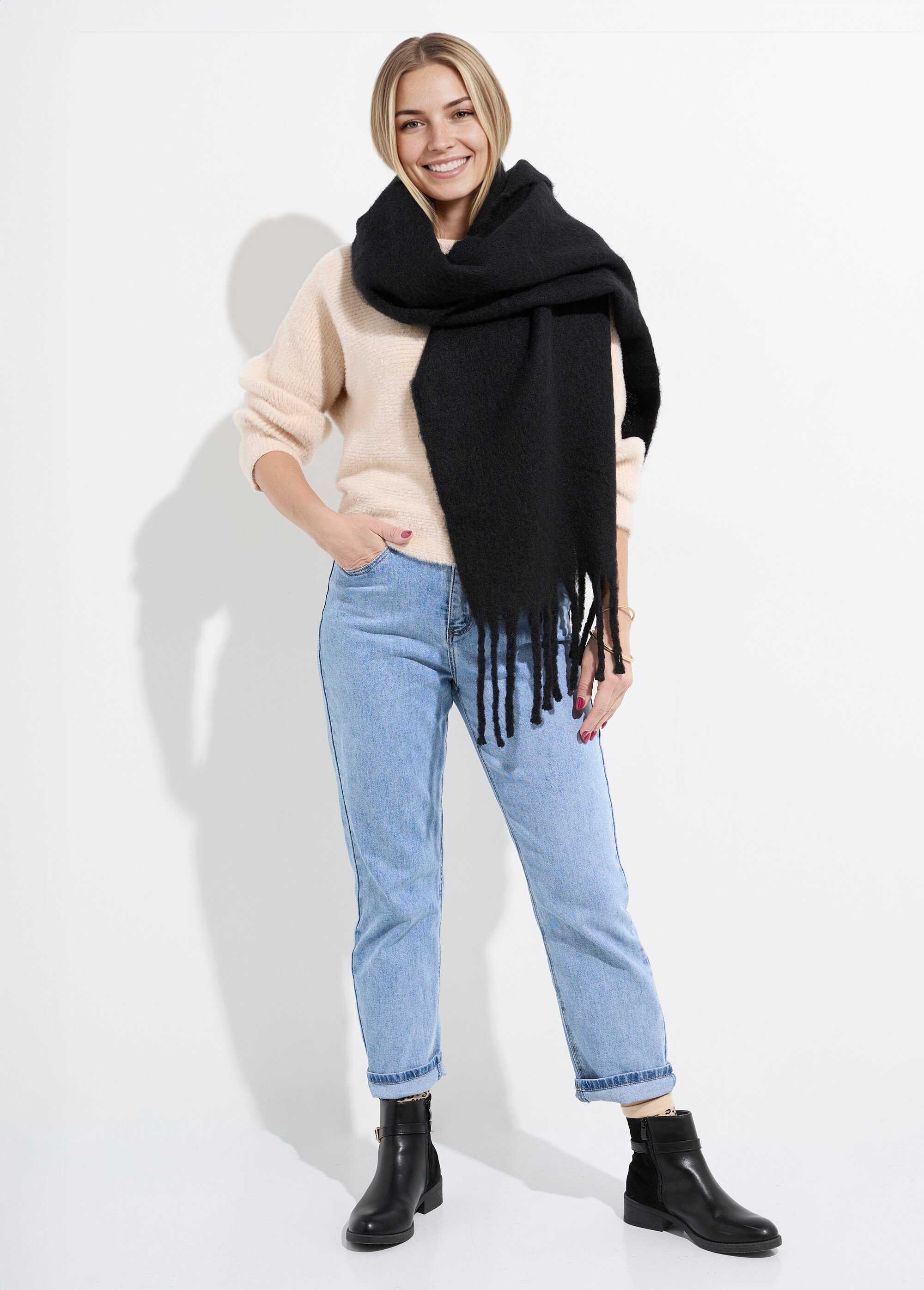 Echarpe XXL unie à grosses franges Femme Noir NES180LSW2412 SF1