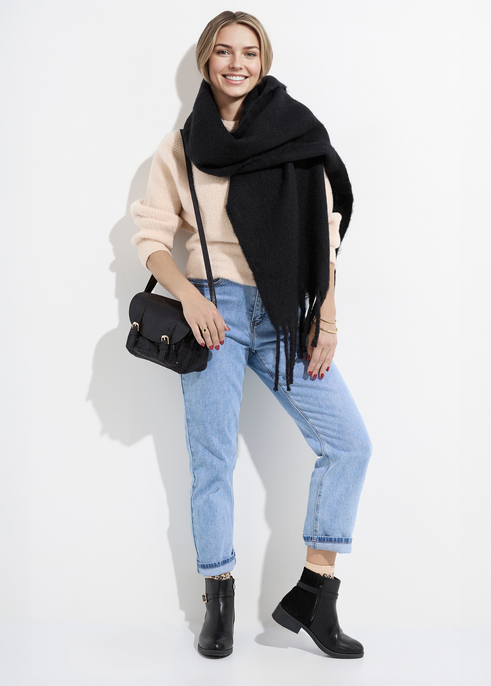 Echarpe XXL unie à grosses franges Femme Noir NES180LSW2412 SI1