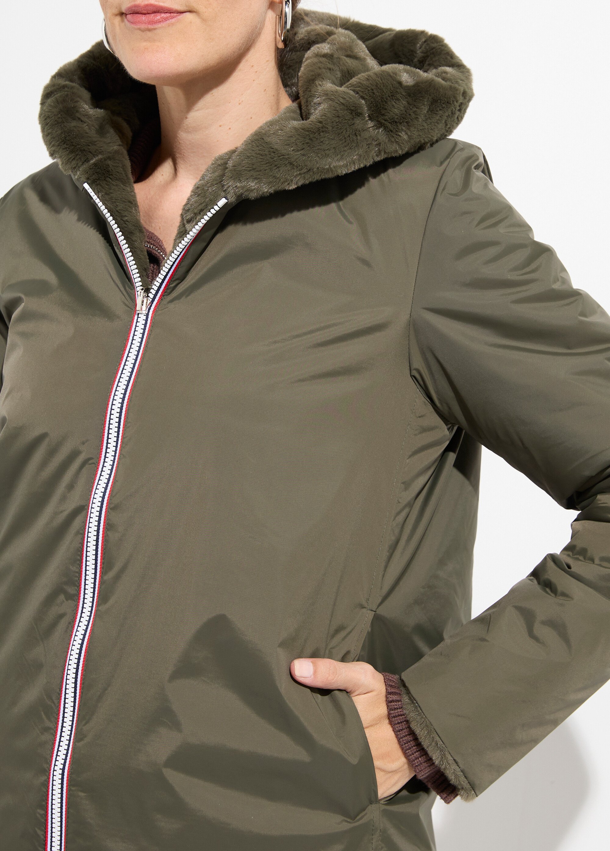 Blouson déperlant / fourrure, réversible Femme Vert LJ-22038 DE1