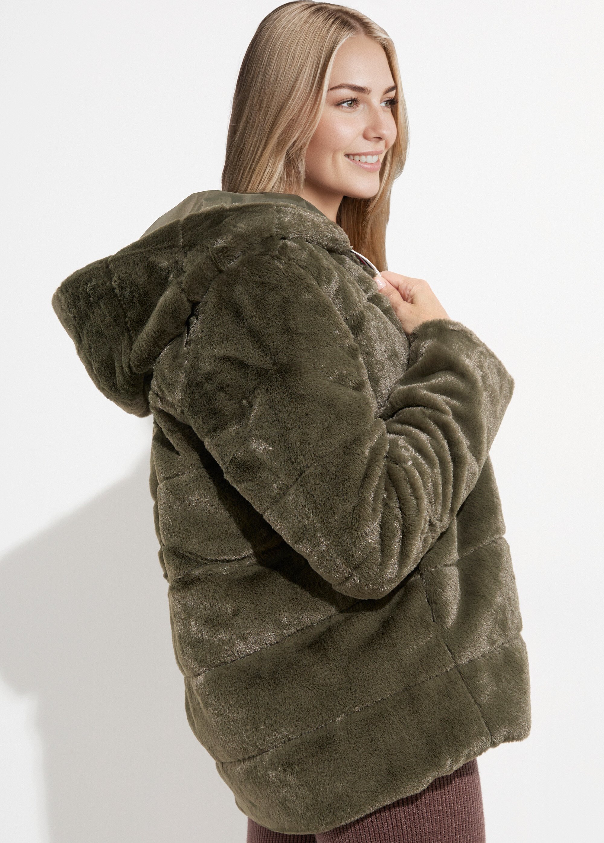 Blouson déperlant / fourrure, réversible Femme Vert LJ-22038 DE2