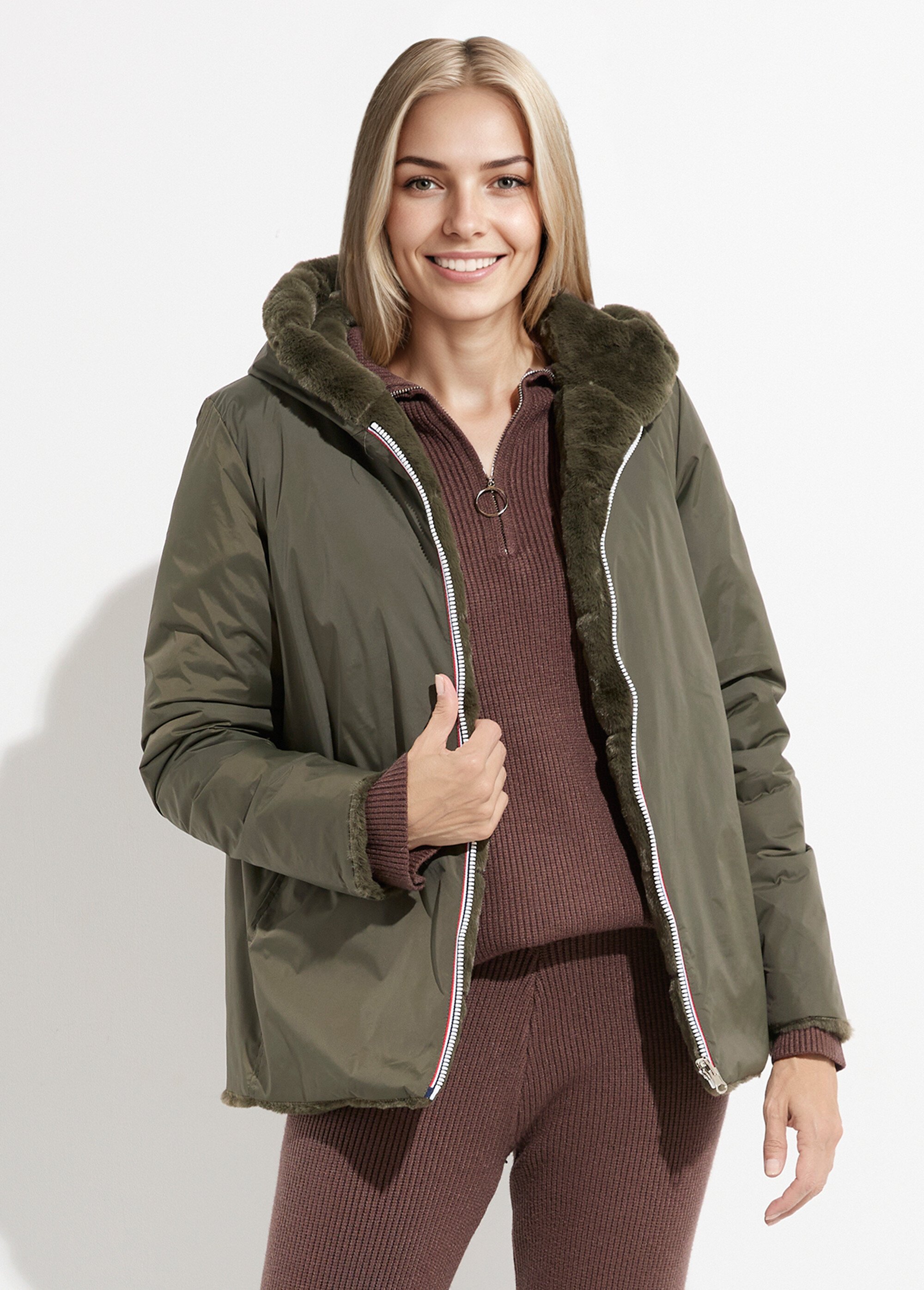 Blouson déperlant / fourrure, réversible Femme Vert LJ-22038 FA1