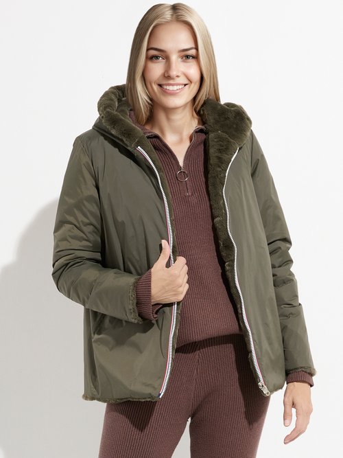 Blouson déperlant / fourrure, réversible Femme Vert LJ-22038 FA1