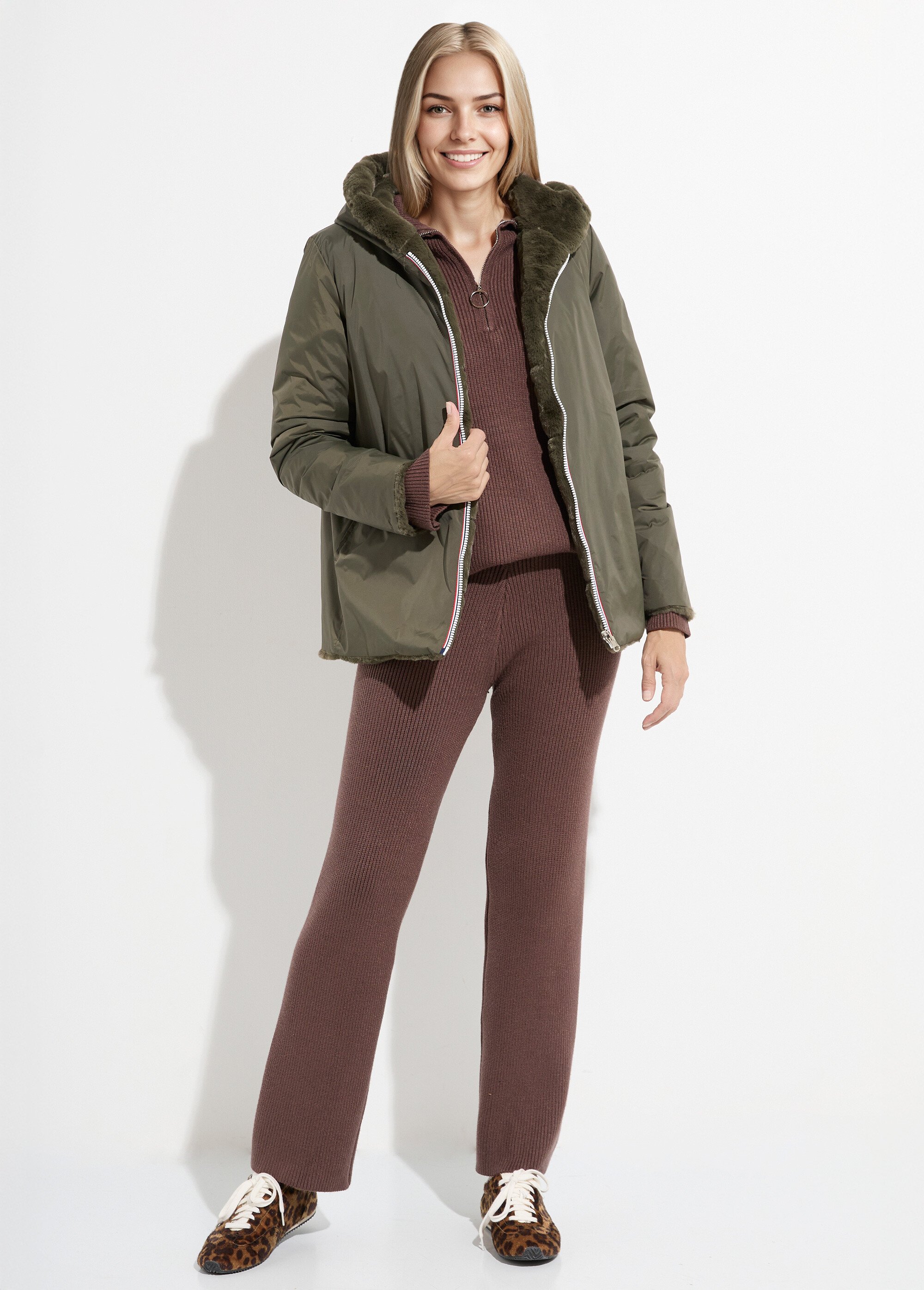 Blouson déperlant / fourrure, réversible Femme Vert LJ-22038 SF1