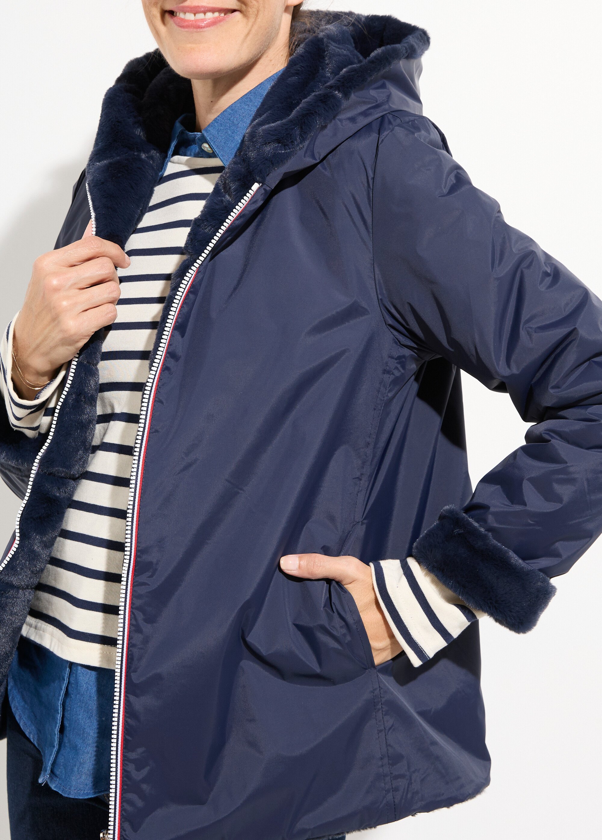 Blouson déperlant / fourrure, réversible Femme Bleu LJ-22038 DE1