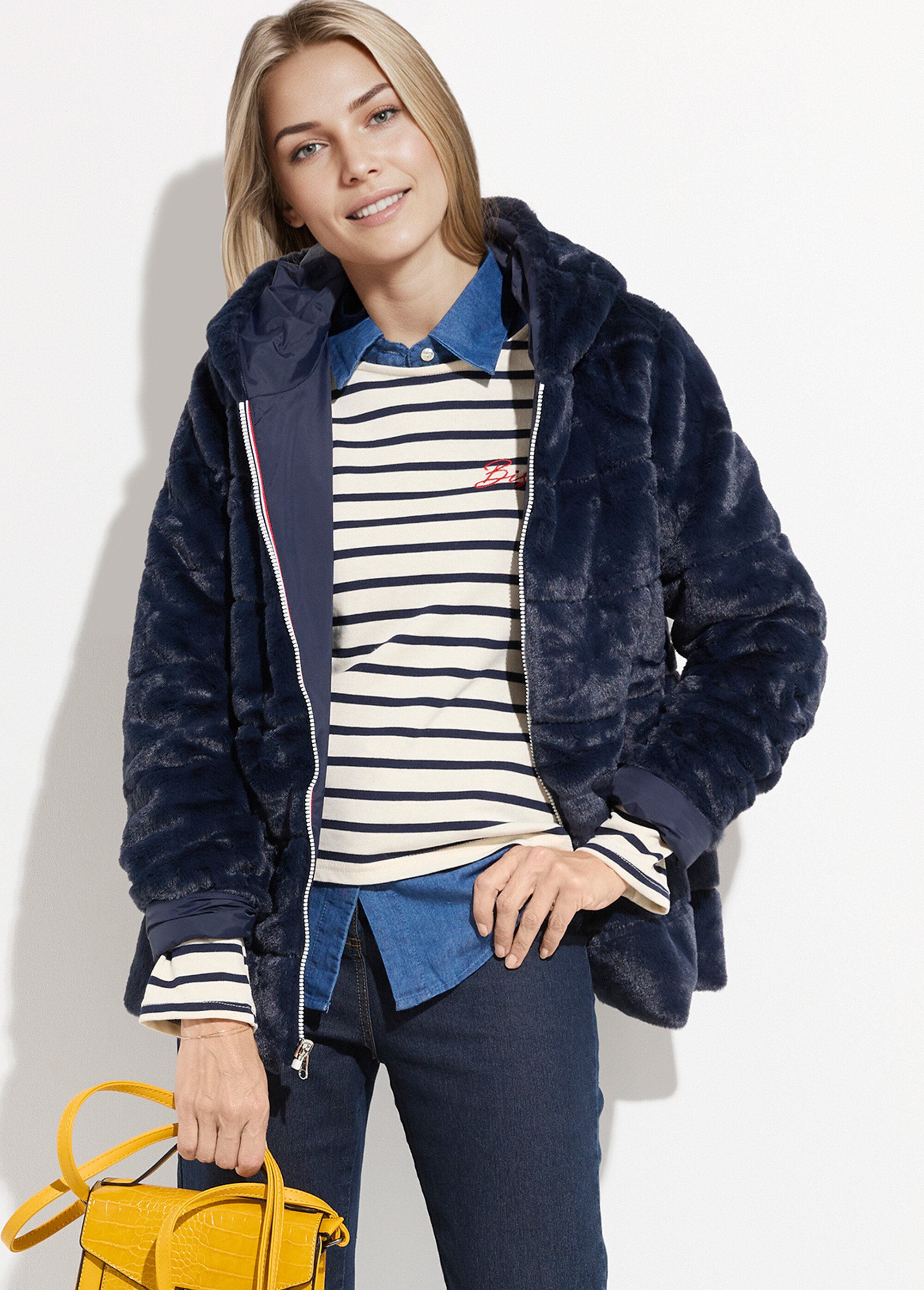 Blouson déperlant / fourrure, réversible Femme Bleu LJ-22038 DE2