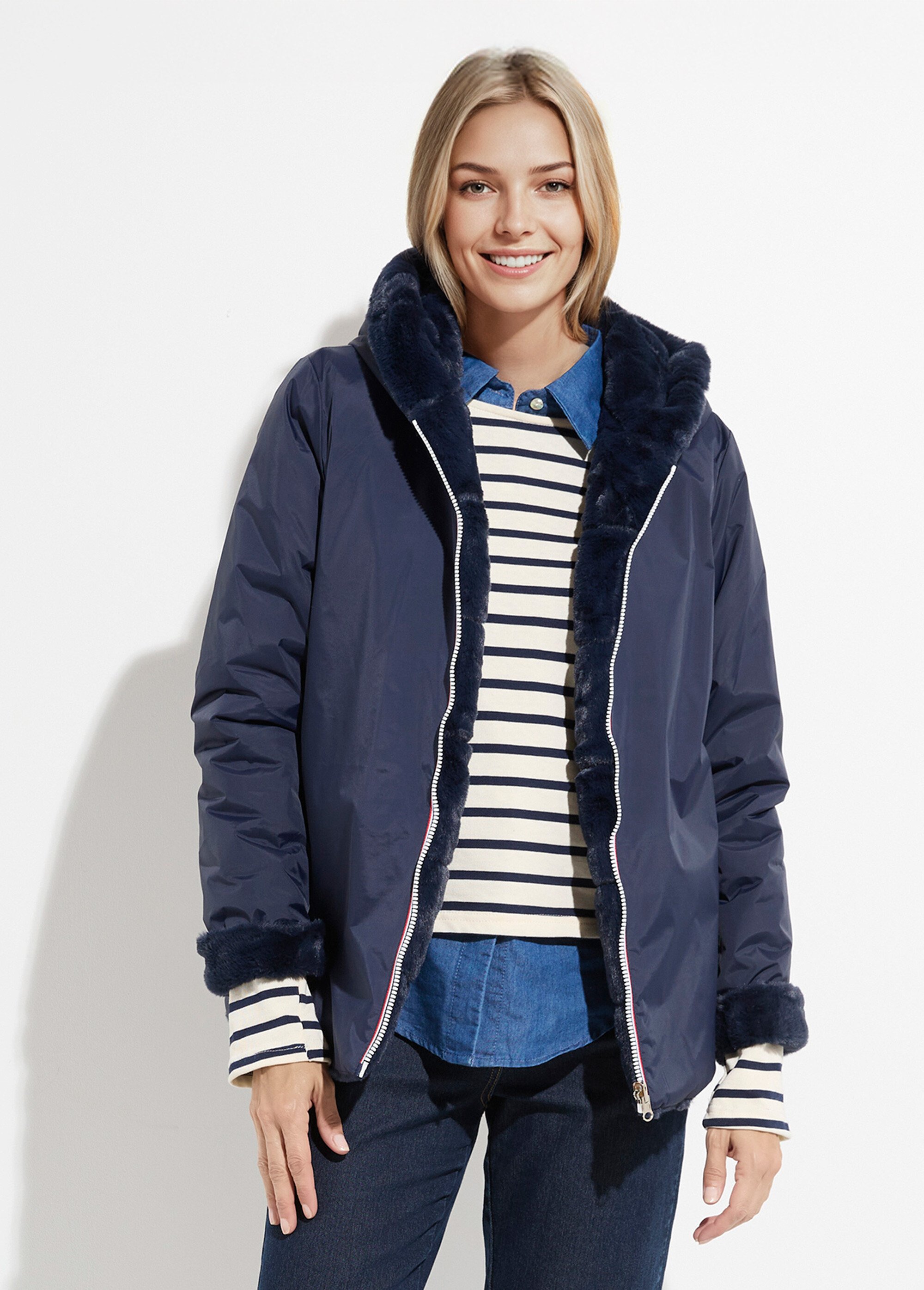 Blouson déperlant / fourrure, réversible Femme Bleu LJ-22038 FA1