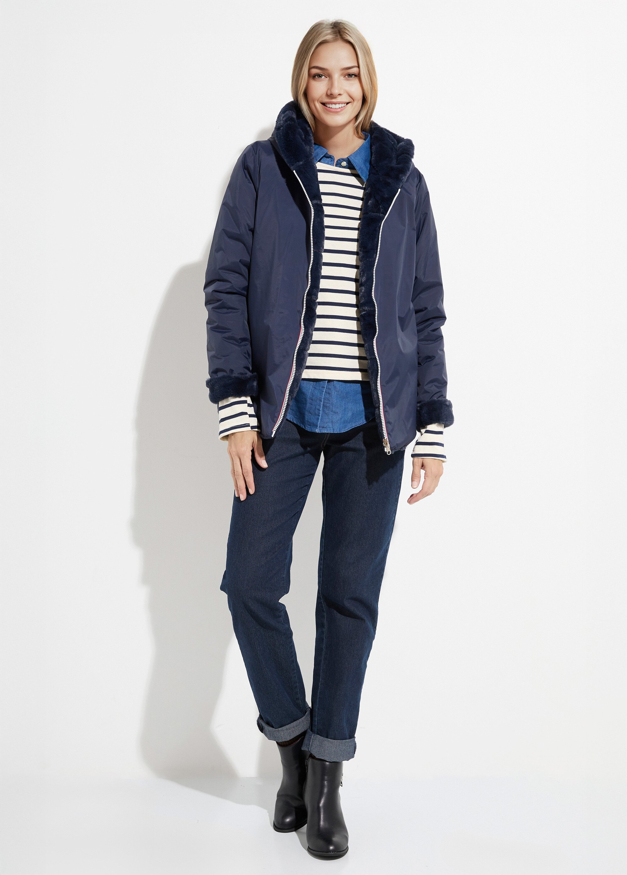 Blouson déperlant / fourrure, réversible Femme Bleu LJ-22038 SF1