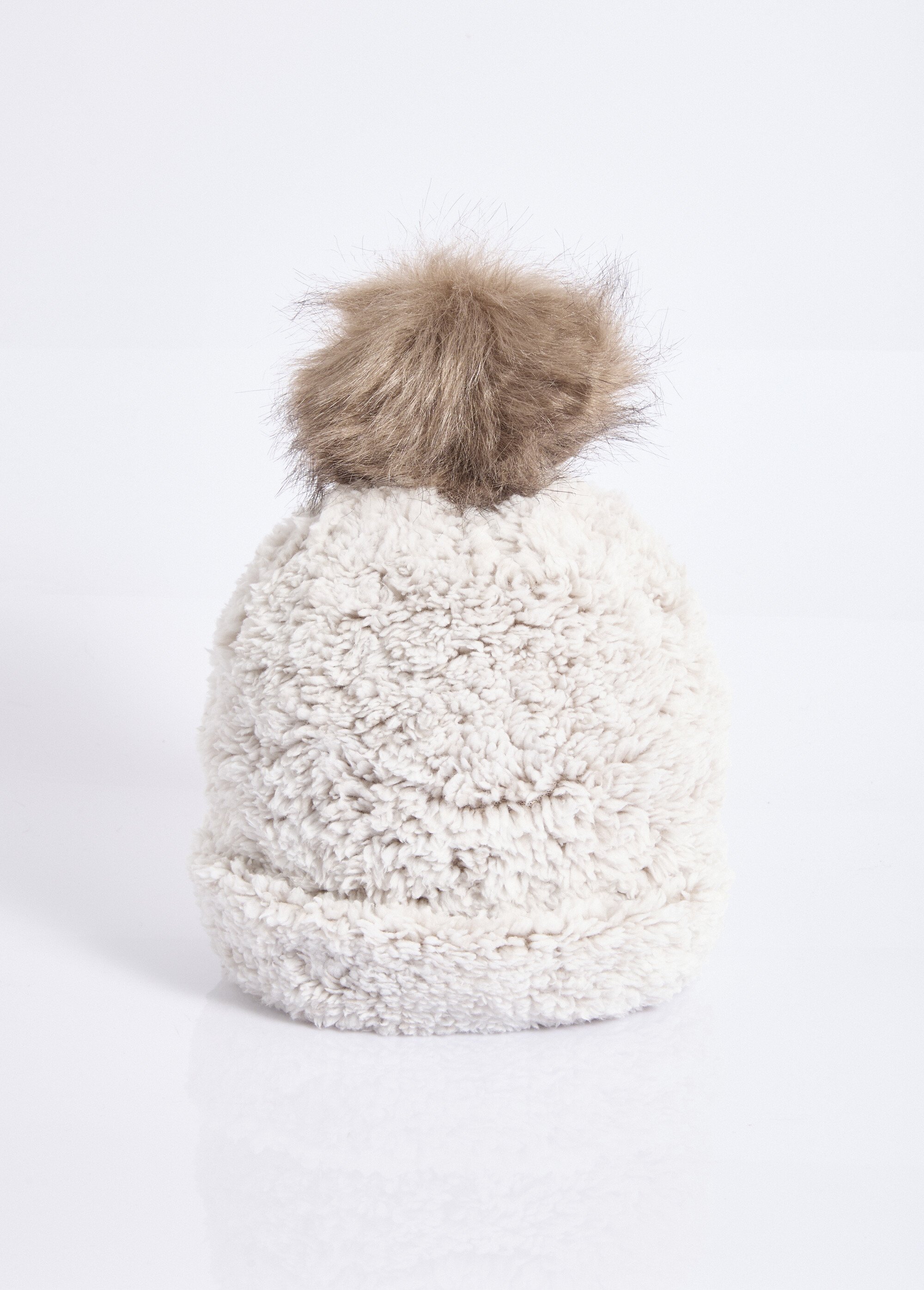 Bonnet polaire façon sherpa, avec pompon Femme Beige NES180LSHW2502 FA1
