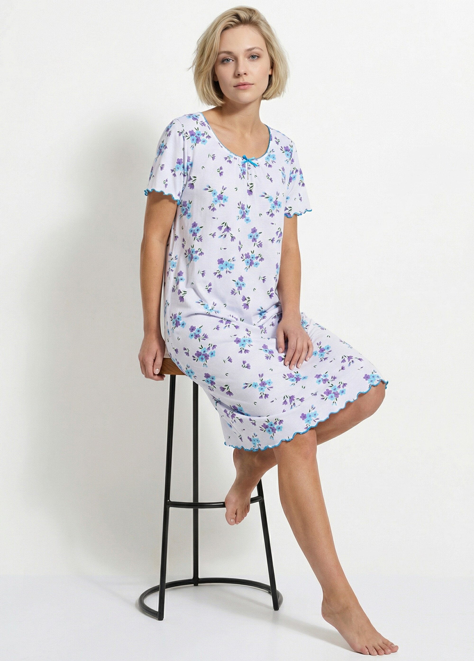 Chemise de nuit coton manches courtes Femme Bleu SOUVERAINE MV1