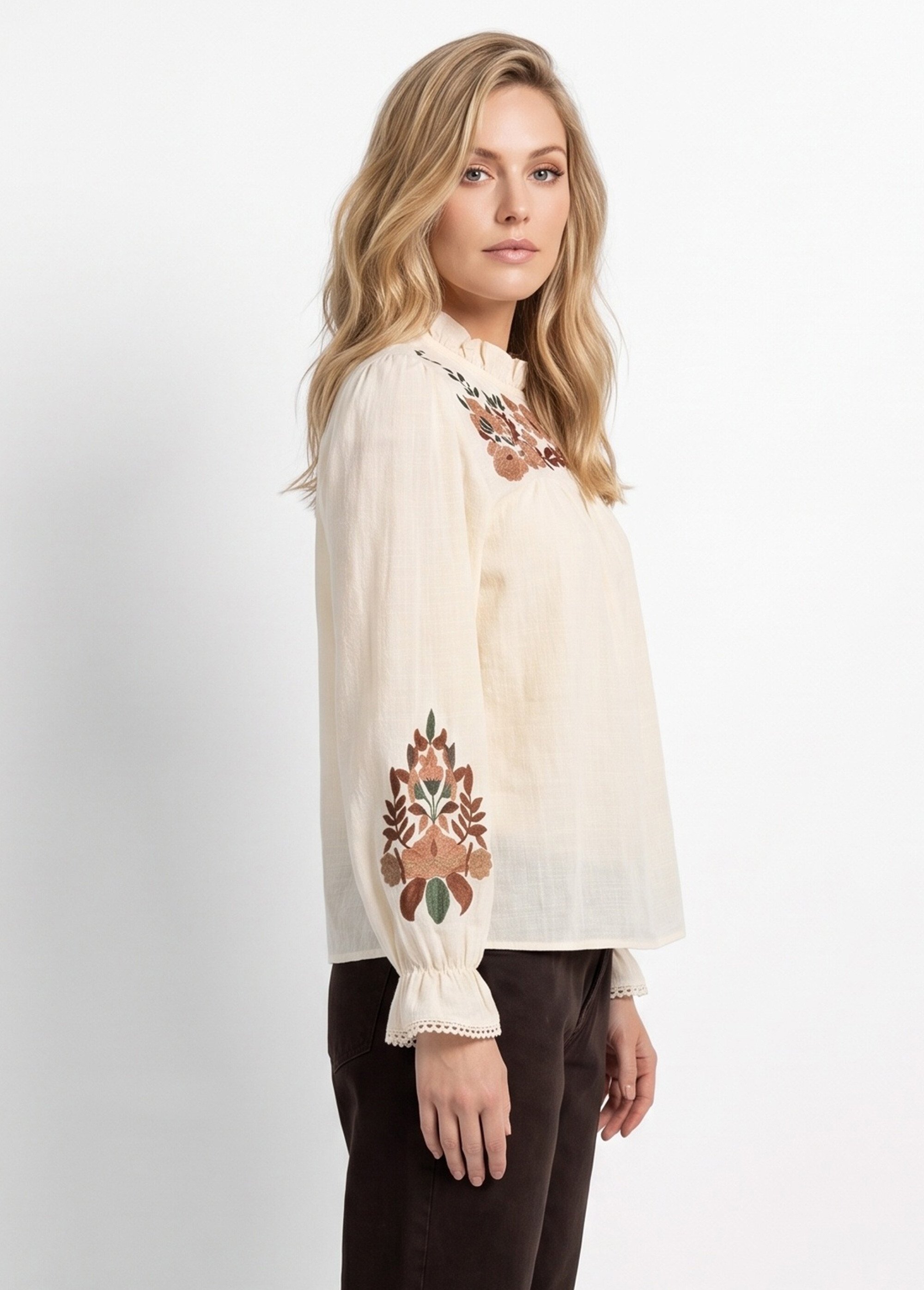 Chemisier bohème col plissé et broderies Femme Beige IA-Q3423 DR1