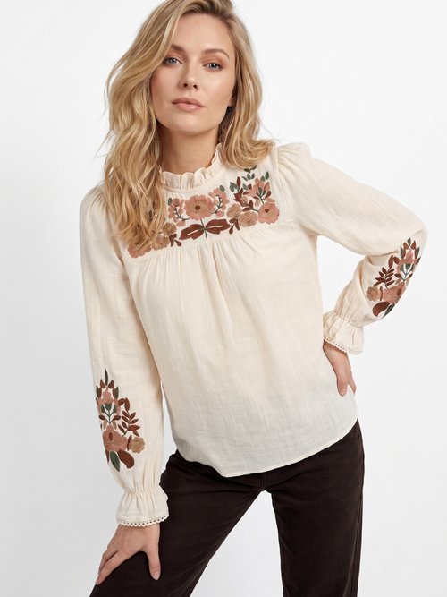 Chemisier bohème col plissé et broderies Femme Beige IA-Q3423 MV1