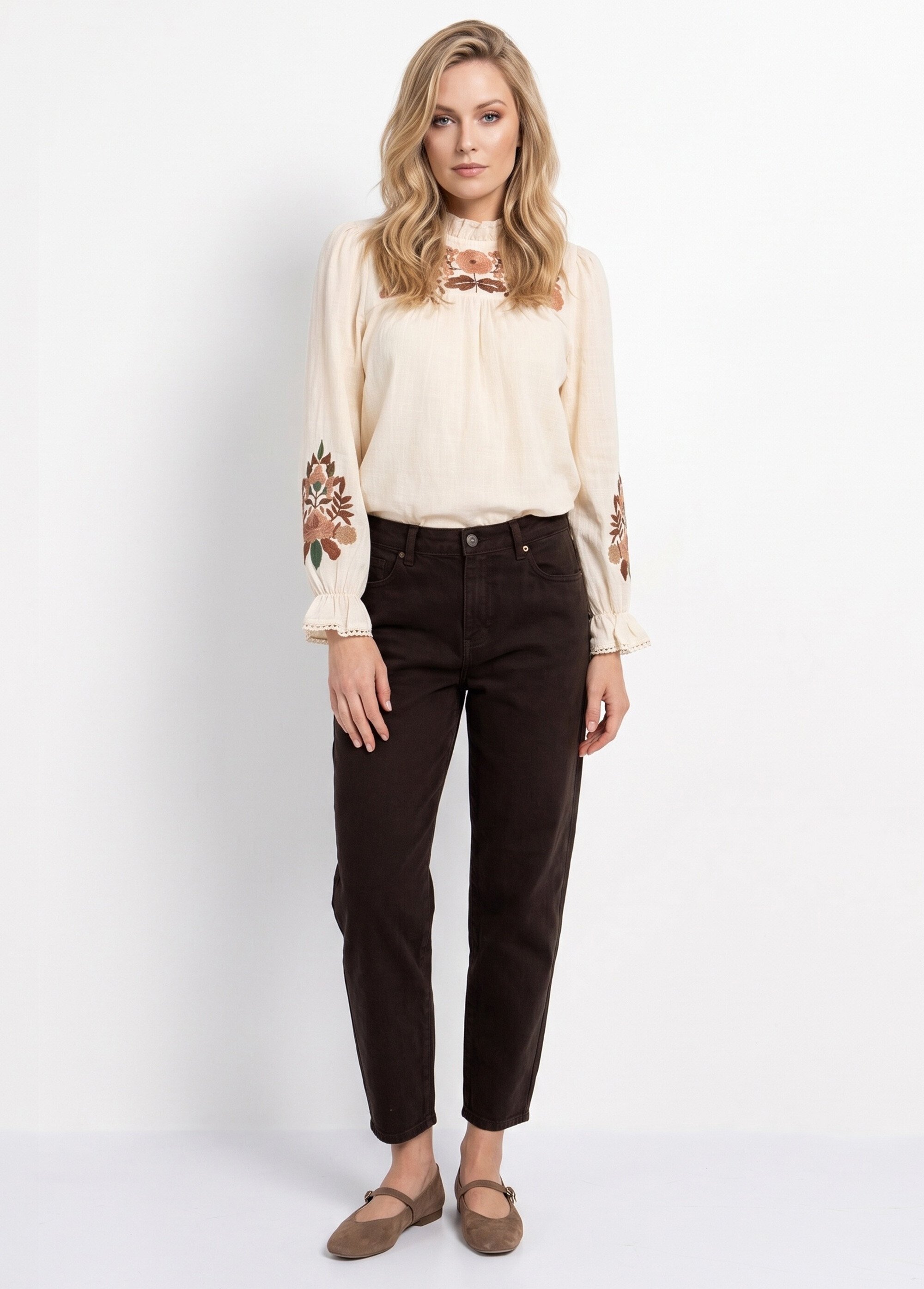 Chemisier bohème col plissé et broderies Femme Beige IA-Q3423 SI1