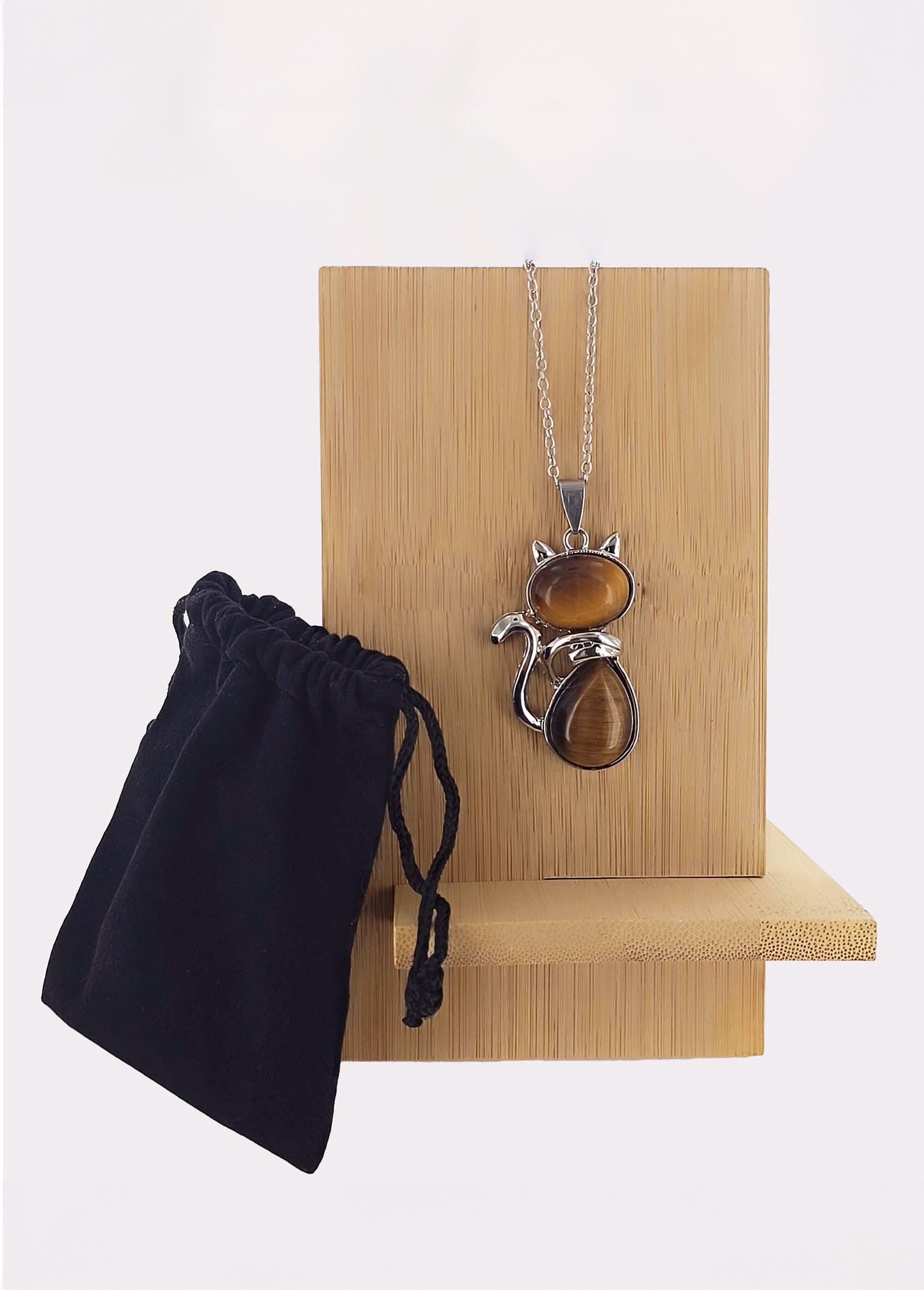 Collier pendentif chat pierre œil du tigre MARRON ET ARGENT GRISER FA1