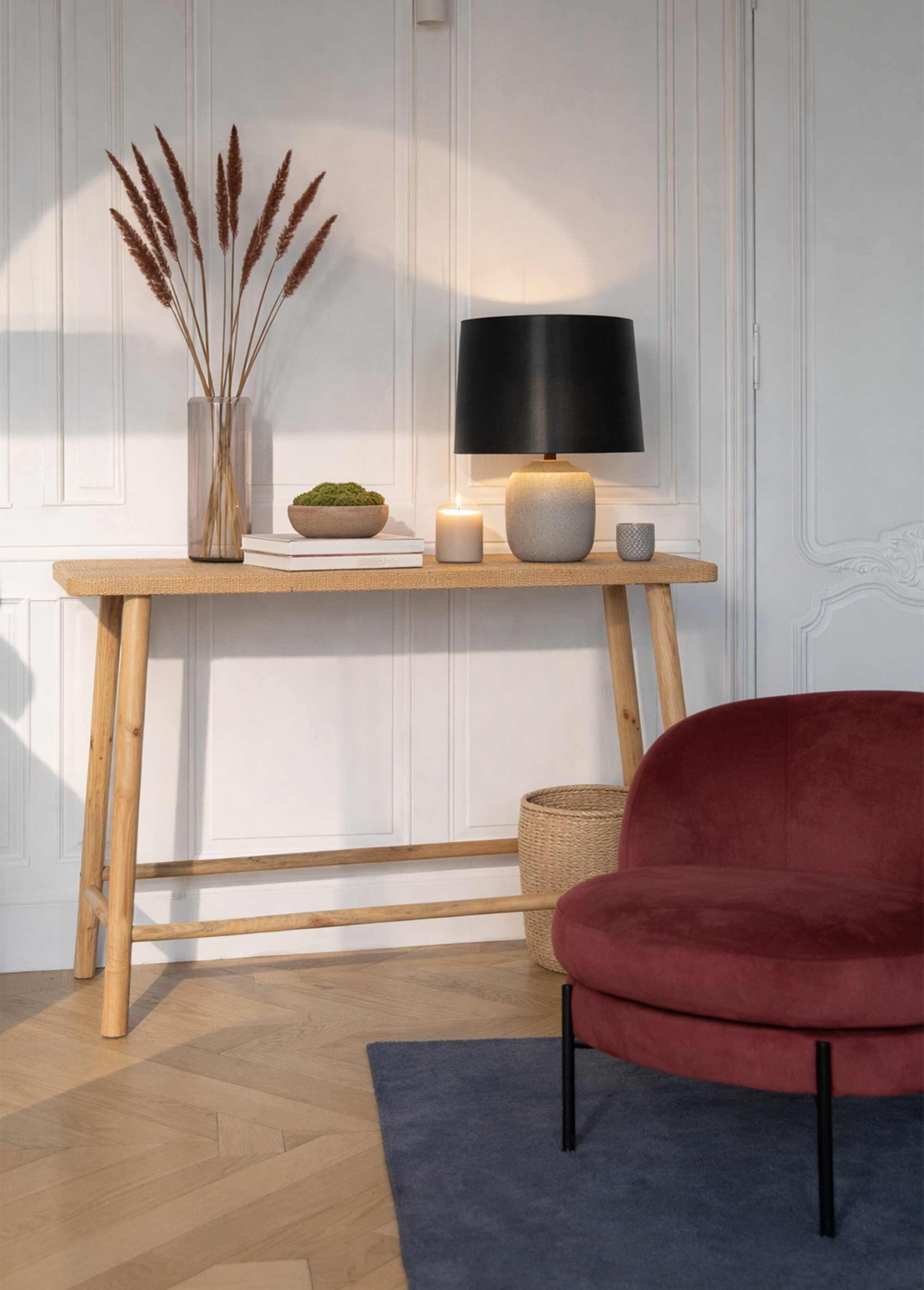 Console en bois, plateau fibres tressées BEIGE JP-50758 SI1