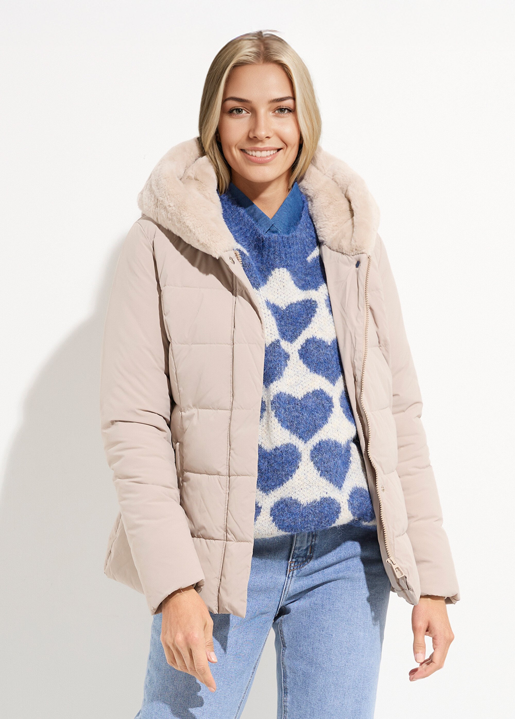 Doudoune courte avec capuche fourrure Femme Beige LJ-6071 FA1