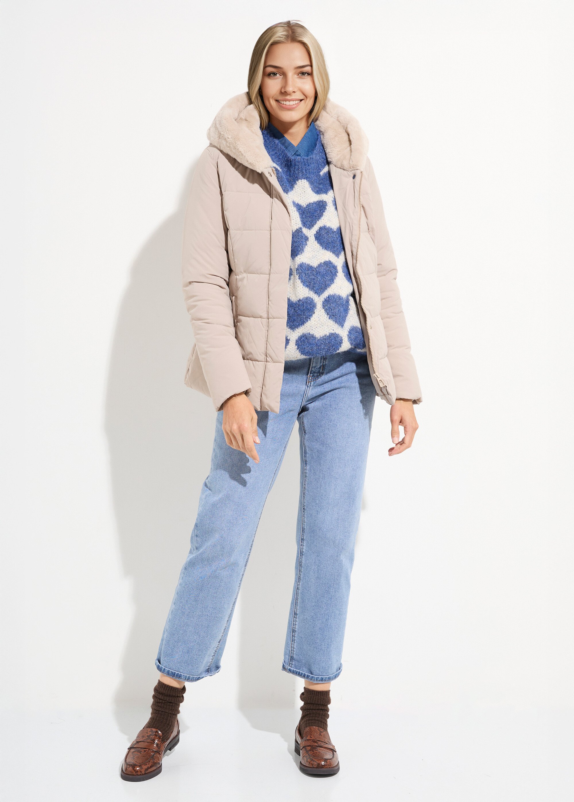 Doudoune courte avec capuche fourrure Femme Beige LJ-6071 SF1