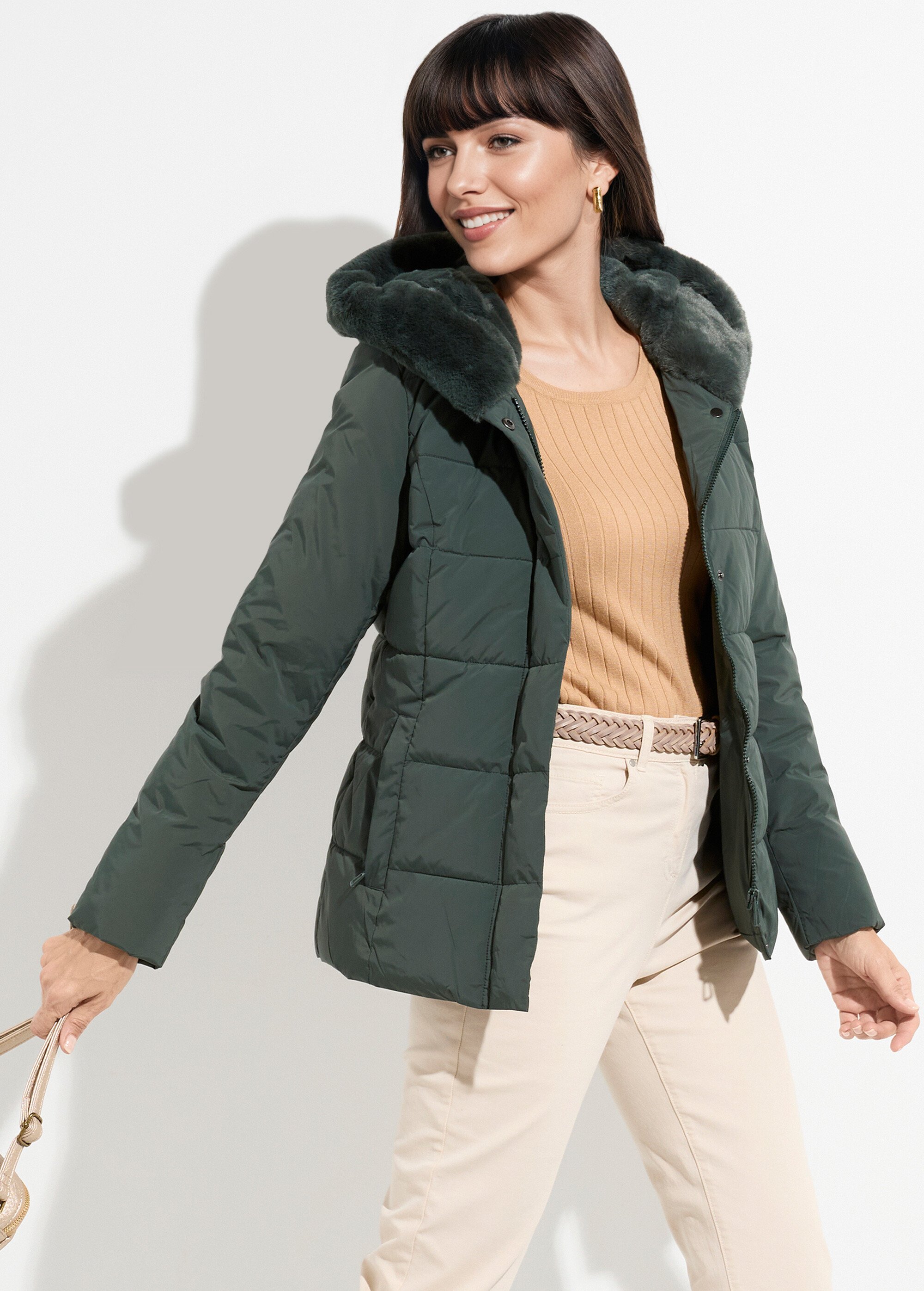 Doudoune courte avec capuche fourrure Femme Vert LJ-6071 MV1