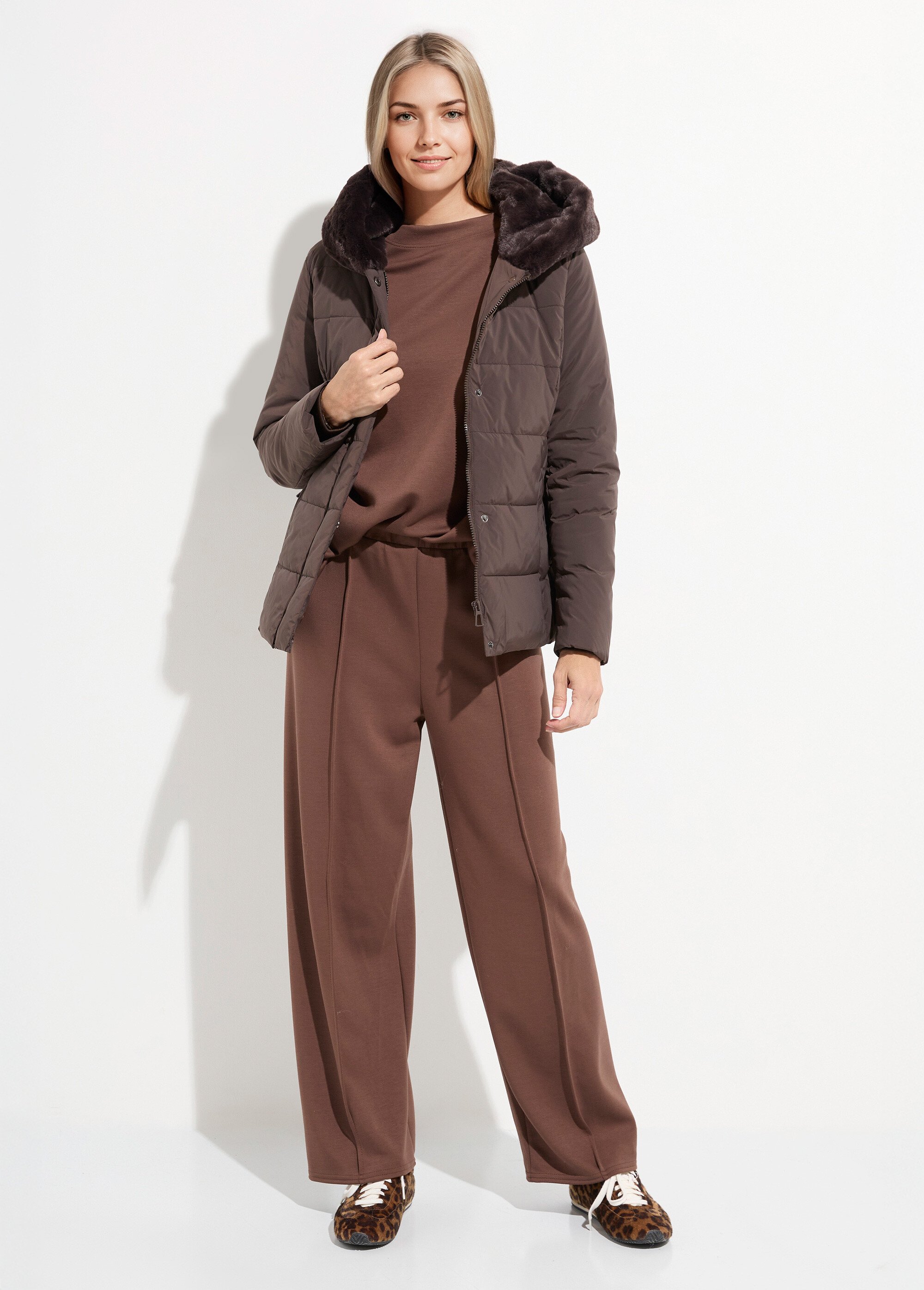 Doudoune courte avec capuche fourrure Femme Marron LJ-6071 SF1