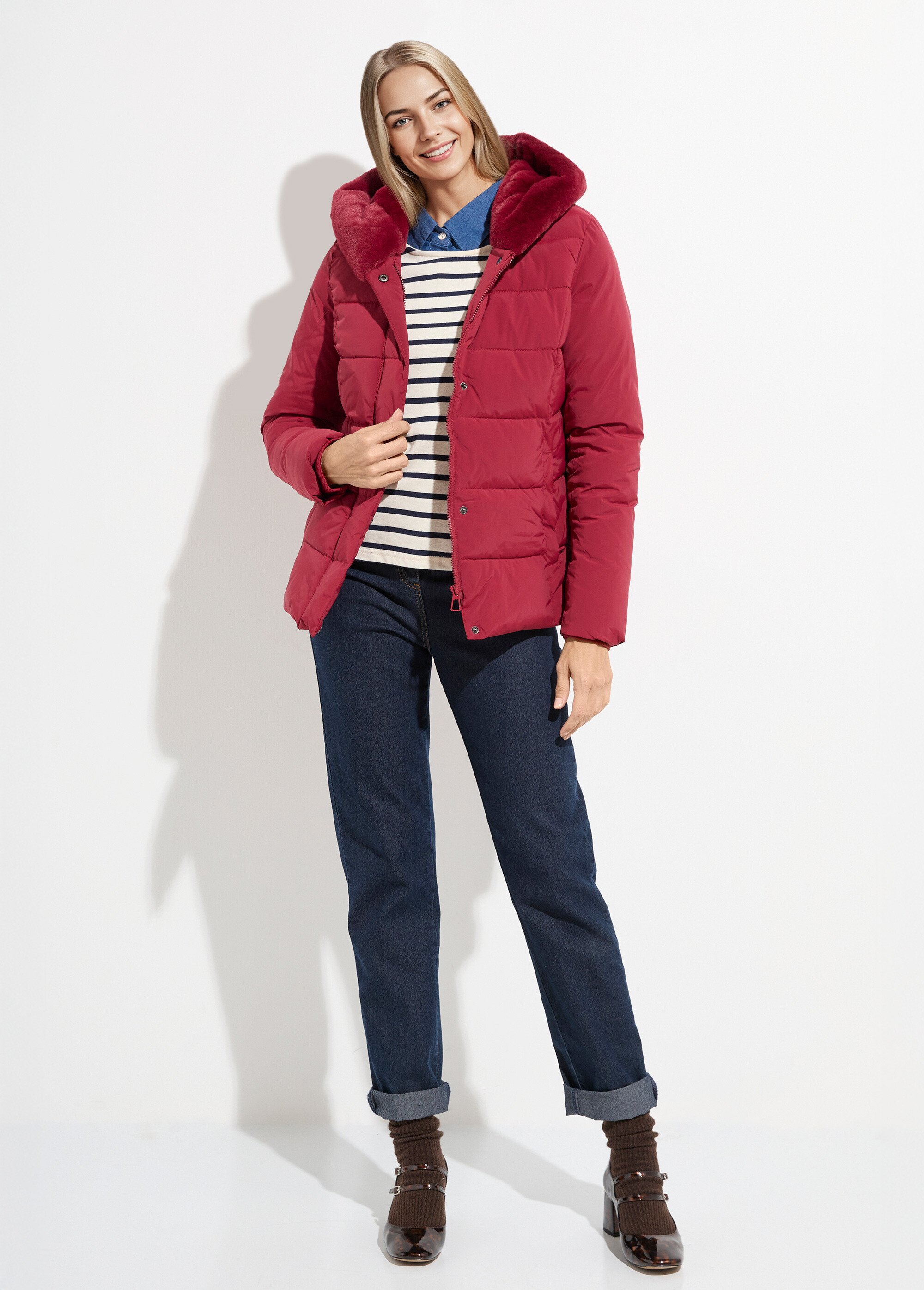 Doudoune courte avec capuche fourrure Femme Rouge LJ-6071 SF1