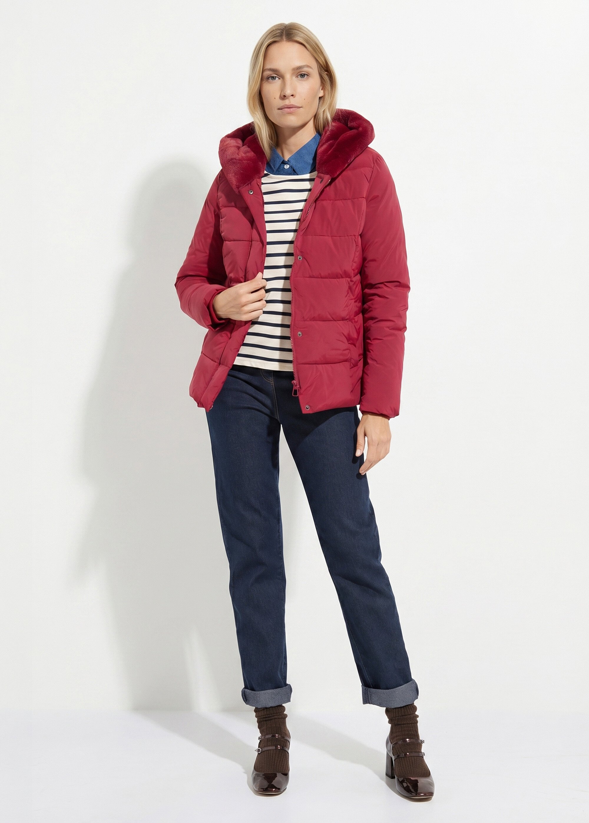 Doudoune courte avec capuche fourrure Femme Rouge LJ-6071 SI1