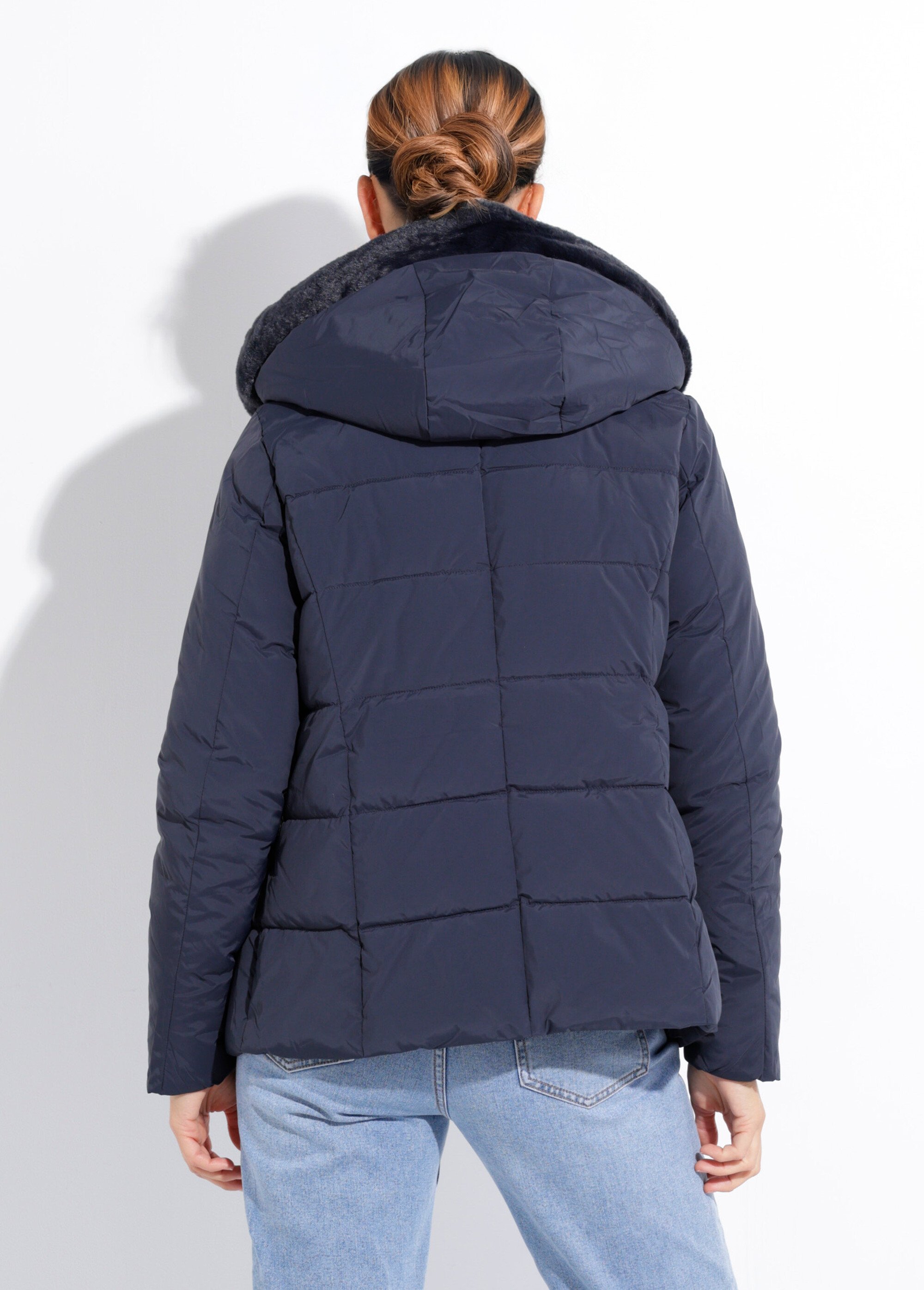 Doudoune courte avec capuche fourrure Femme Bleu LJ-6071 DO1