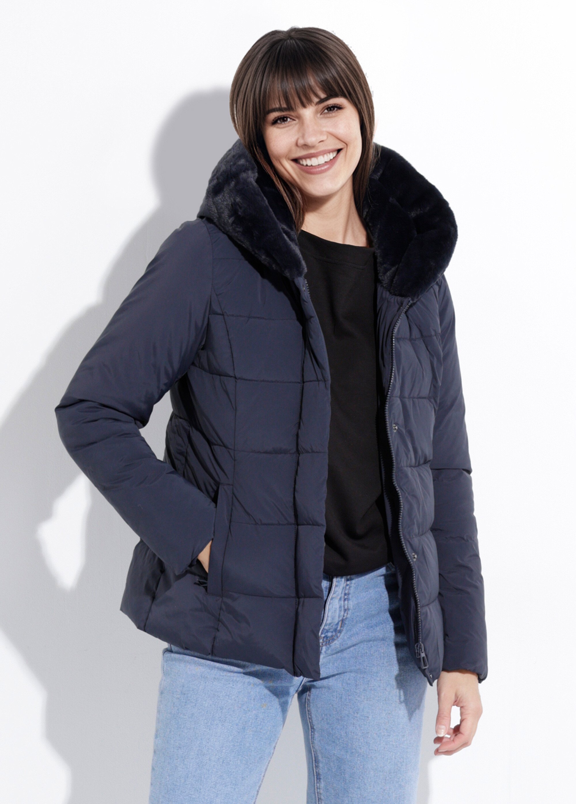 Doudoune courte avec capuche fourrure Femme Bleu LJ-6071 FA1