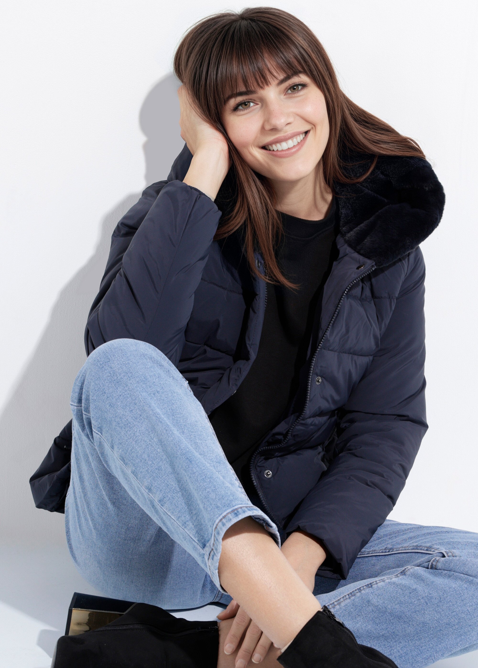 Doudoune courte avec capuche fourrure Femme Bleu LJ-6071 MV1