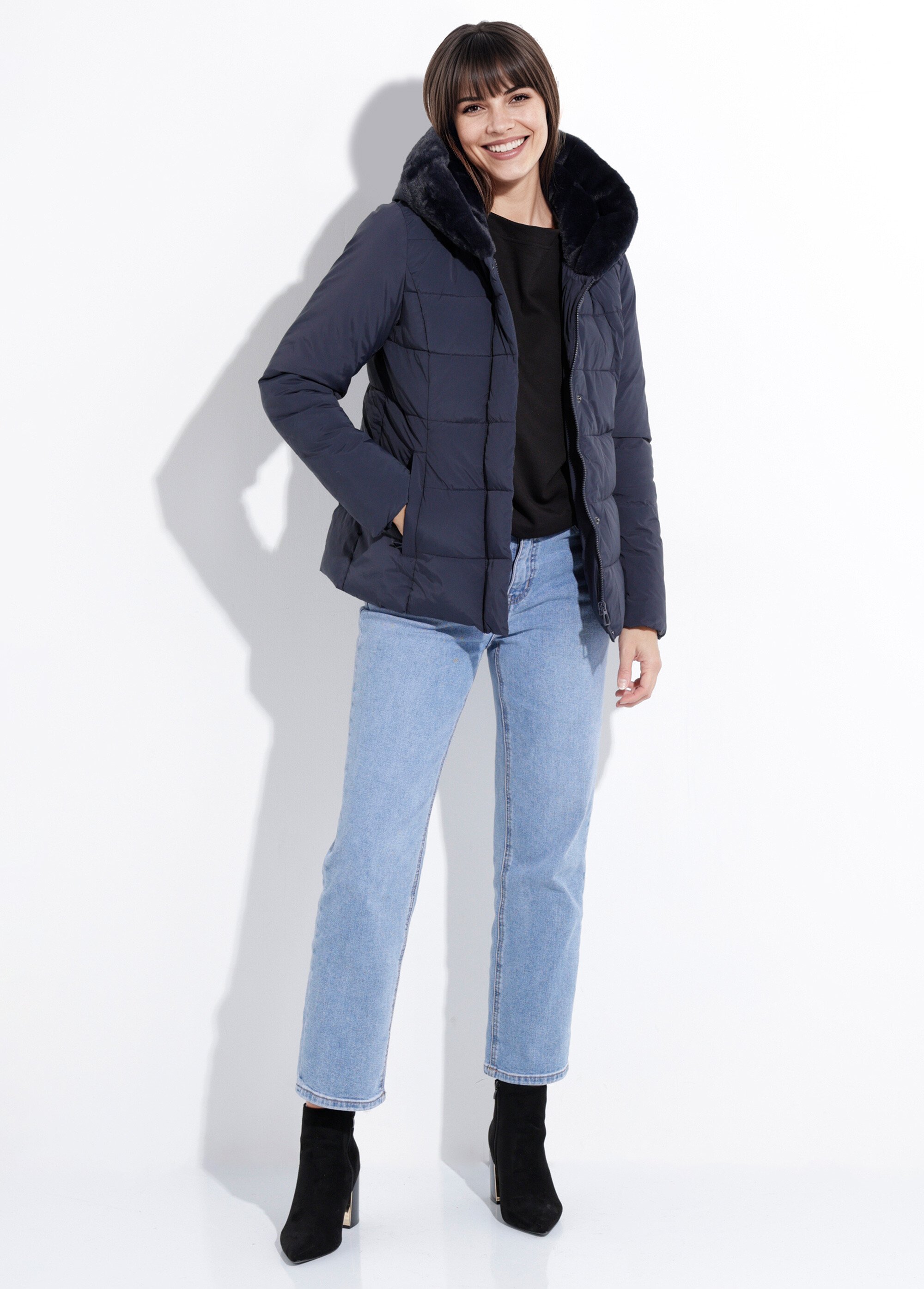 Doudoune courte avec capuche fourrure Femme Bleu LJ-6071 SF1