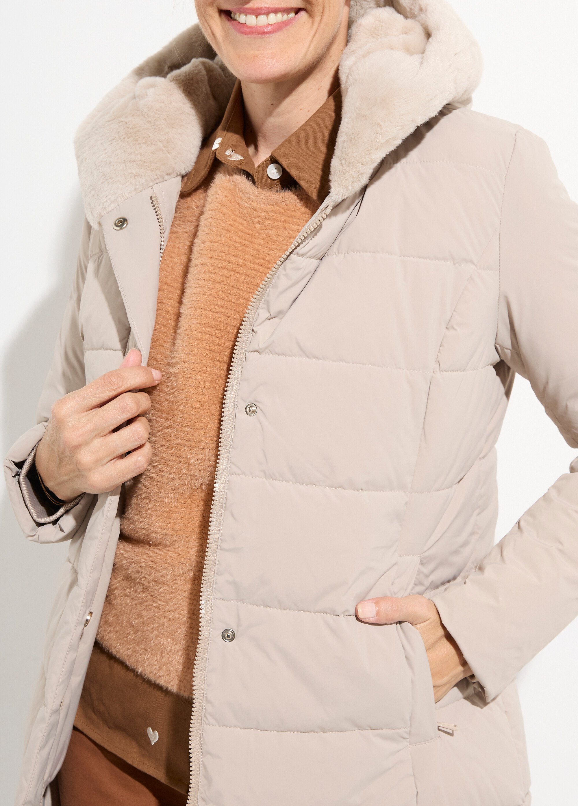 Doudoune longue avec capuche fourrure Femme Beige LJ-6072 DE1