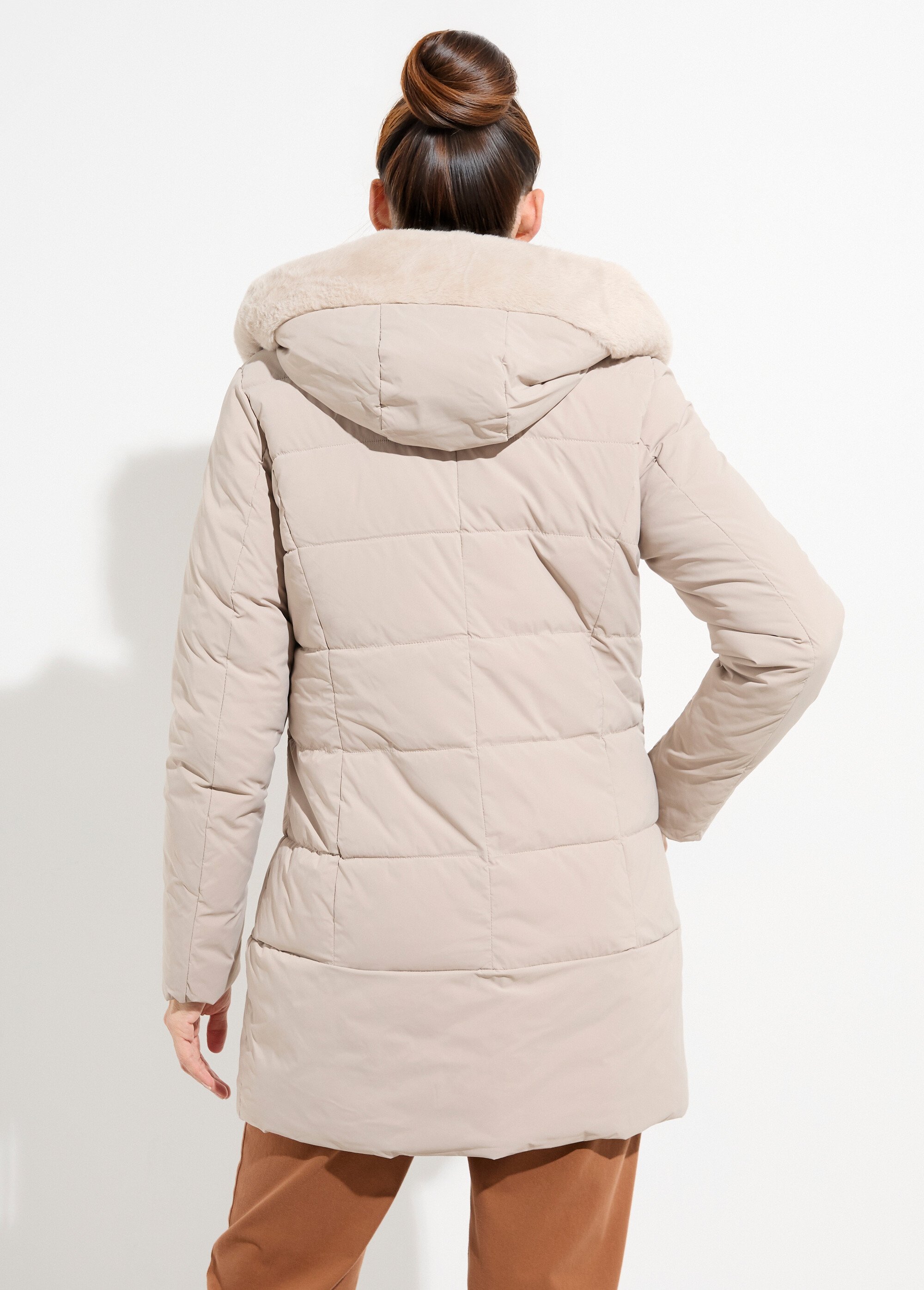 Doudoune longue avec capuche fourrure Femme Beige LJ-6072 DO1