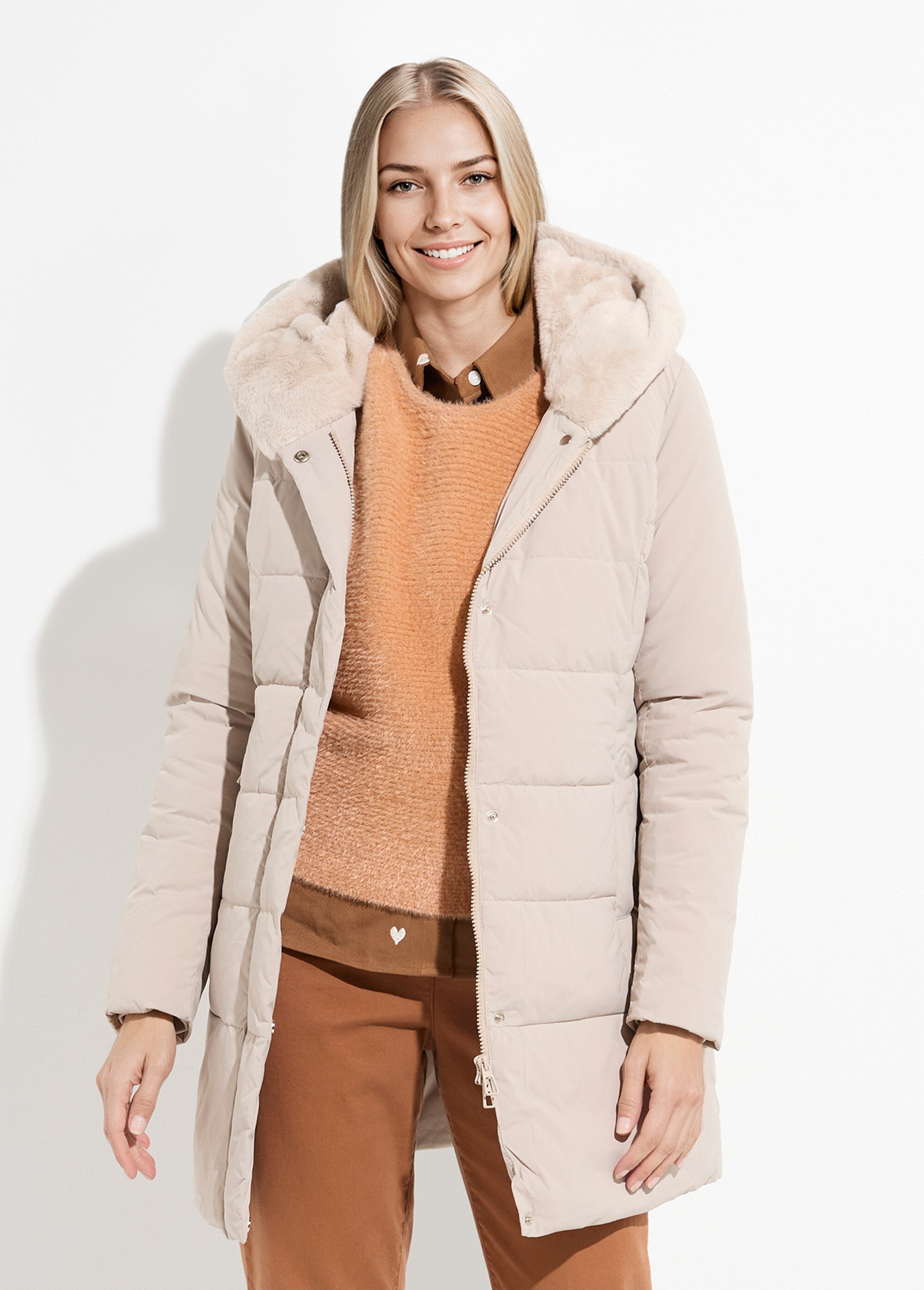 Doudoune longue avec capuche fourrure Femme Beige LJ-6072 FA1