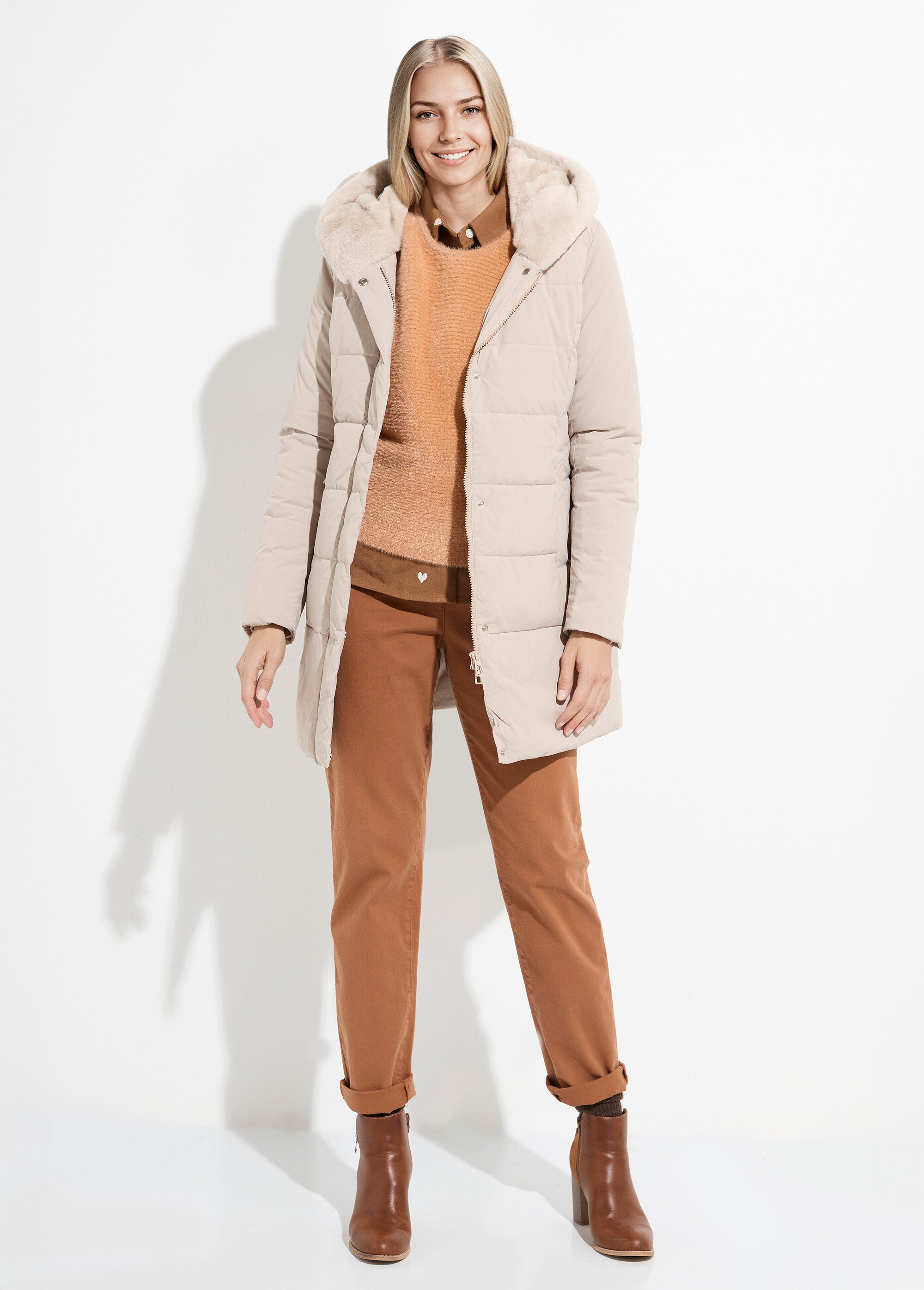 Doudoune longue avec capuche fourrure Femme Beige LJ-6072 SF1