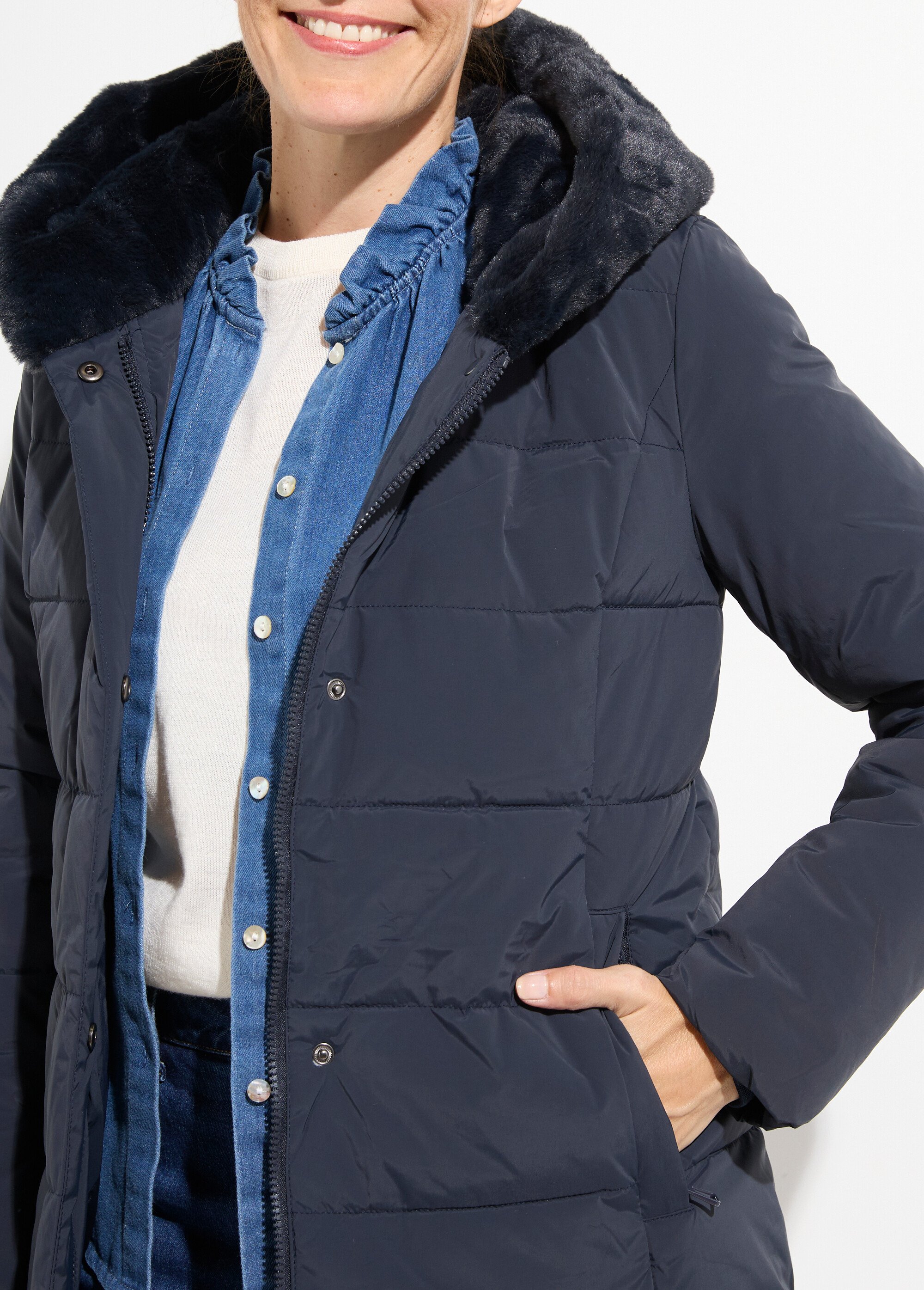 Doudoune longue avec capuche fourrure Femme Bleu LJ-6072 DE1