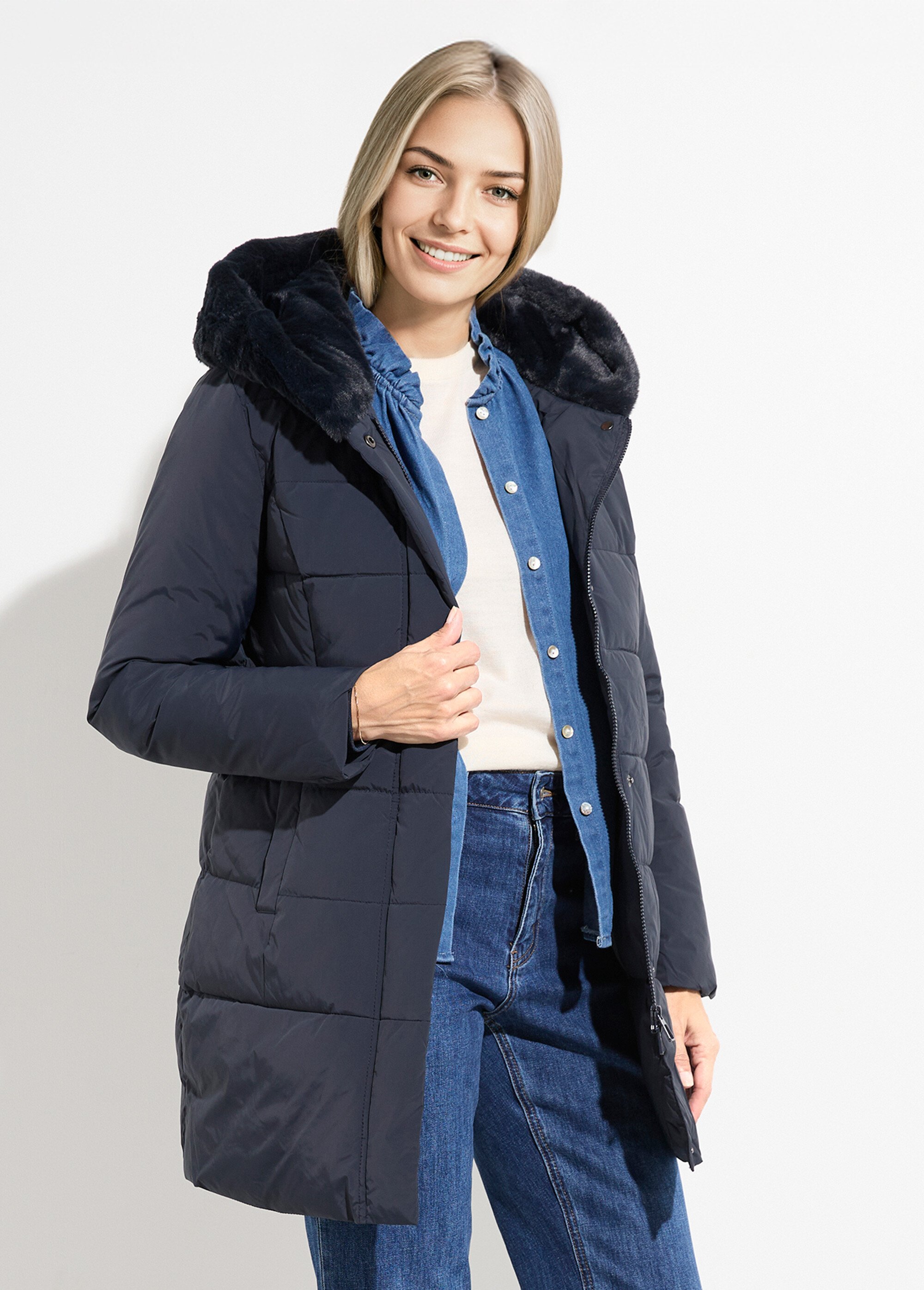 Doudoune longue avec capuche fourrure Femme Bleu LJ-6072 FA1