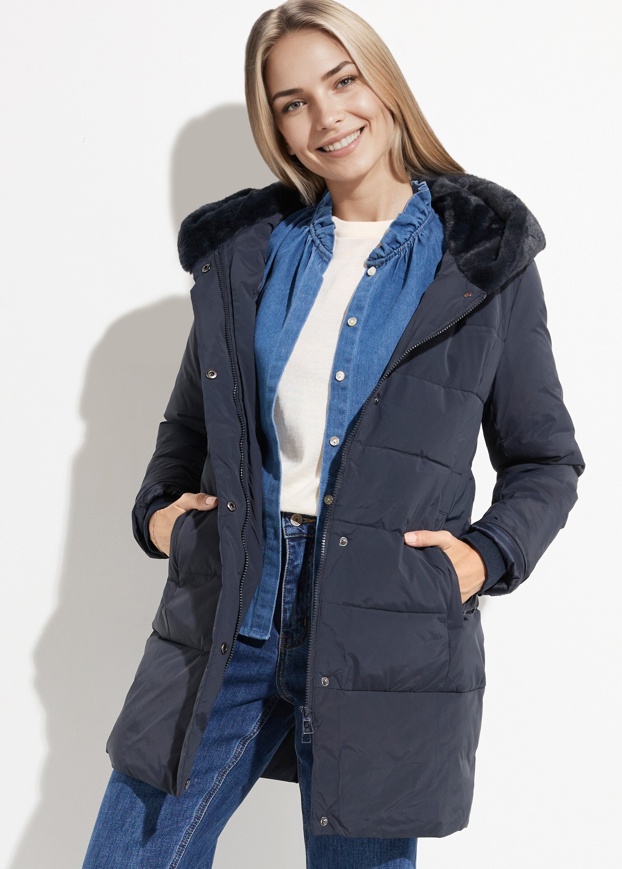 Doudoune longue avec capuche fourrure Femme Bleu LJ-6072 MV1