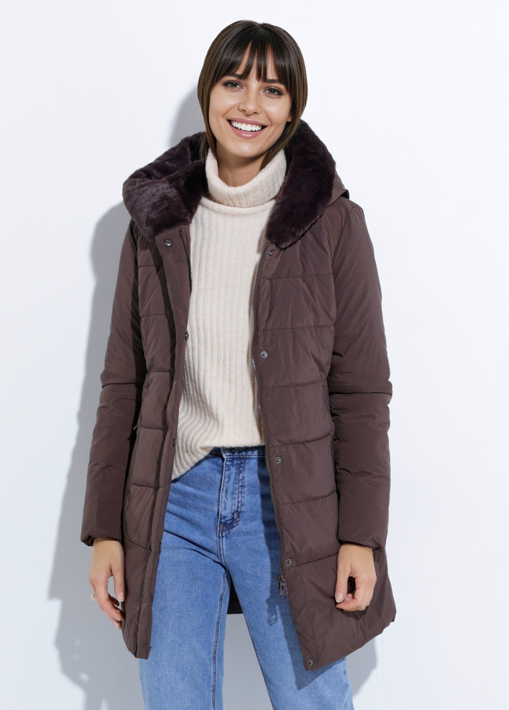 Doudoune longue avec capuche fourrure Femme Marron LJ-6072 FA1