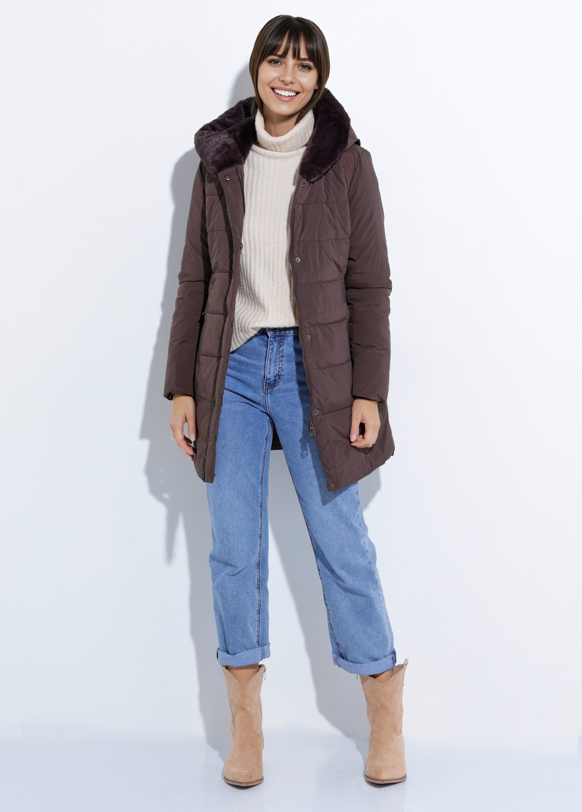 Doudoune longue avec capuche fourrure Femme Marron LJ-6072 SF1